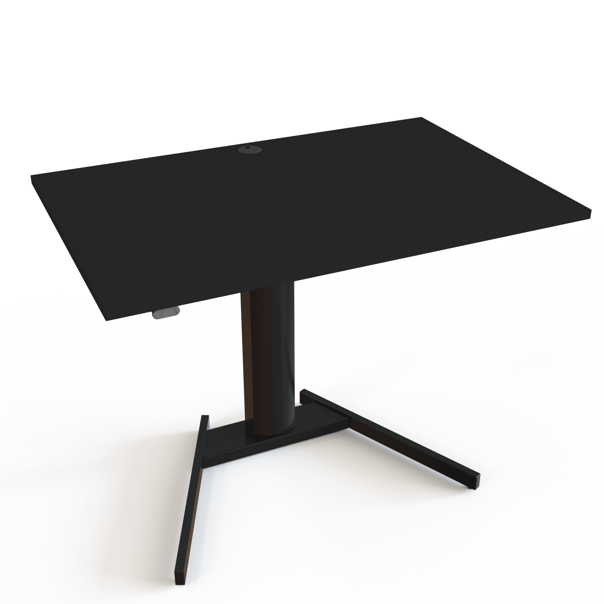 1-säuliger höhenverstellbarer Schreibtisch mit Tischplatte in Schwarz und Untergestell in Schwarz. Die Größe ist 120x80. Die Höhe beträgt 68-120cm und der Tisch hebt 80kg.