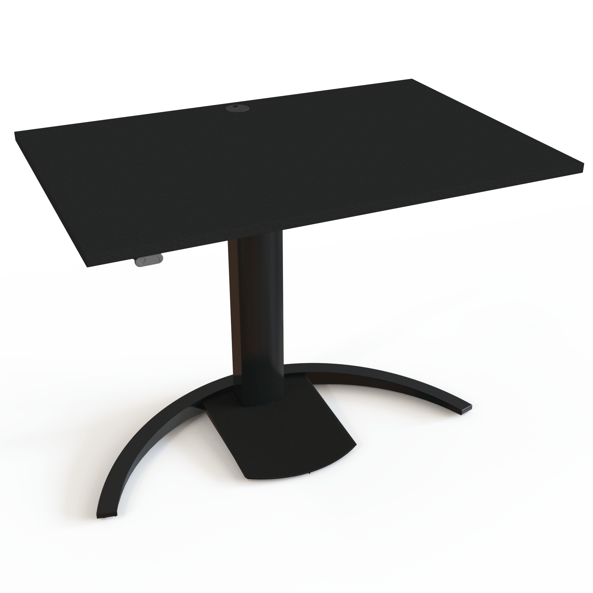 Ein ein-säuliger höhenverstellbarer Schreibtisch mit Tischplatte in Schwarz und Untergestell in Schwarz. Die Größe ist 120x80. Die Höhe beträgt 68-120cm und der Tisch hebt 80kg.