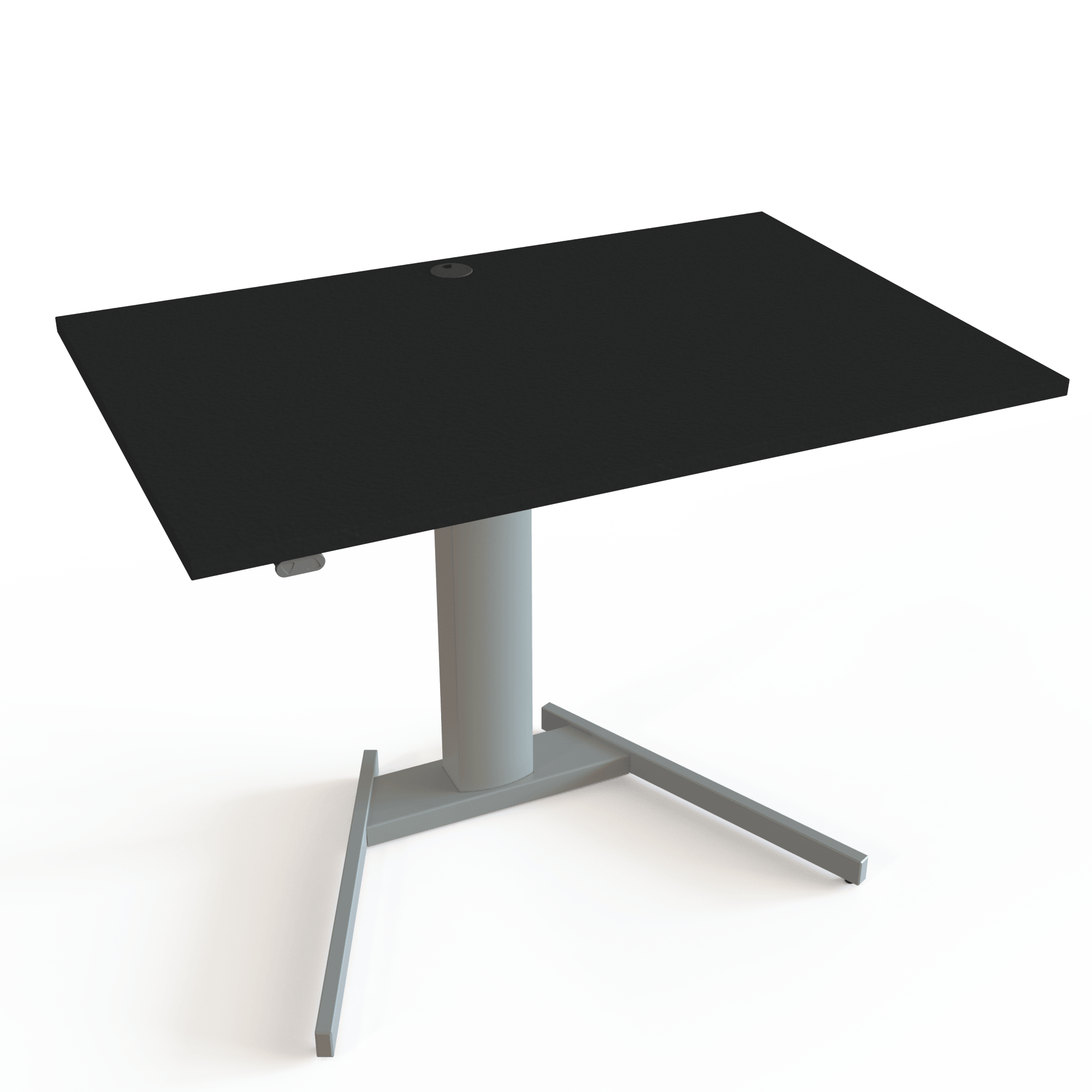 Ein kleiner höhenverstellbarer Schreibtisch mit Tischplatte in Schwarz und Untergestell in Silber. Die Größe ist 120x80. Die Höhe beträgt 68-120cm und der Tisch hebt 80kg.