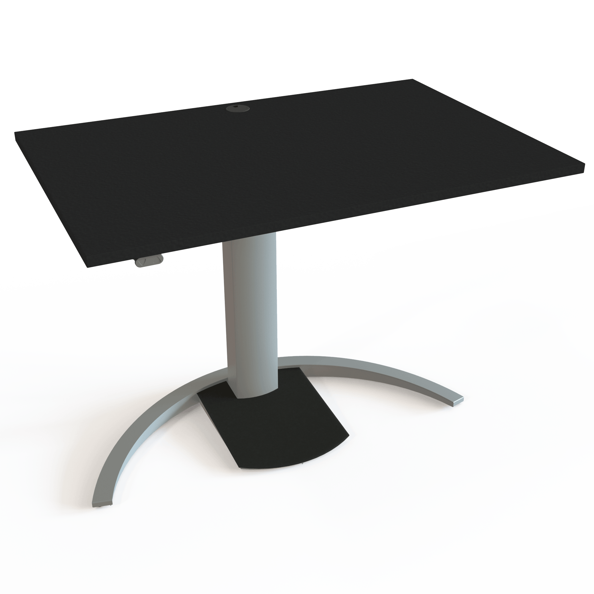 Ein kleiner höhenverstellbarer Schreibtisch mit Tischplatte in Schwarz und Untergestell in Silber. Die Größe ist 120x80. Die Höhe beträgt 68-120cm und der Tisch hebt 80kg.