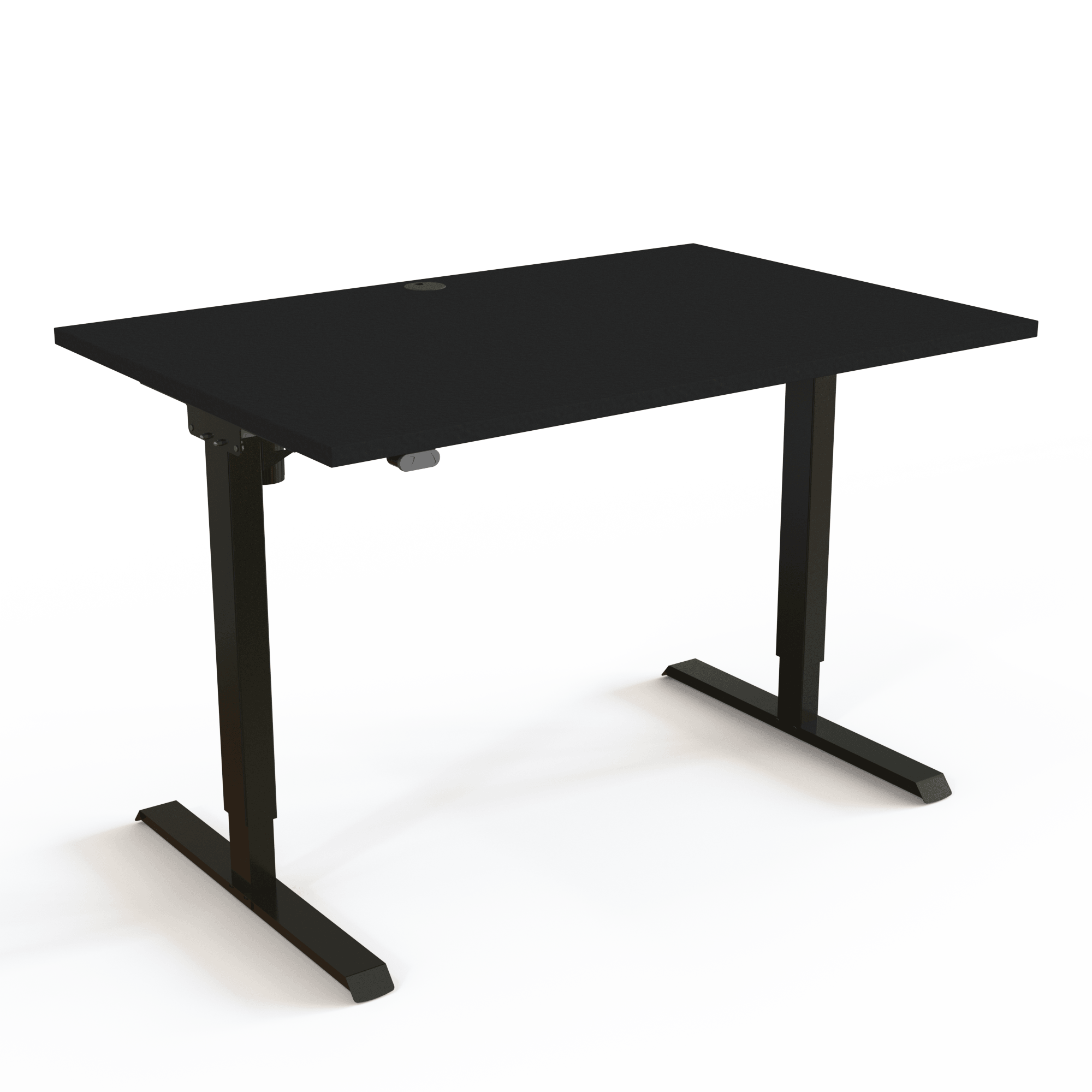 Der höhenverstellbare Schreibtisch ist einfach gestaltet, um den Materialverbrauch zu minimieren, mit Tischplatte in Schwarz und Untergestell in Schwarz. Die Größe ist 120x80. Die Höhe beträgt 68-119cm und der Tisch hebt 60kg.