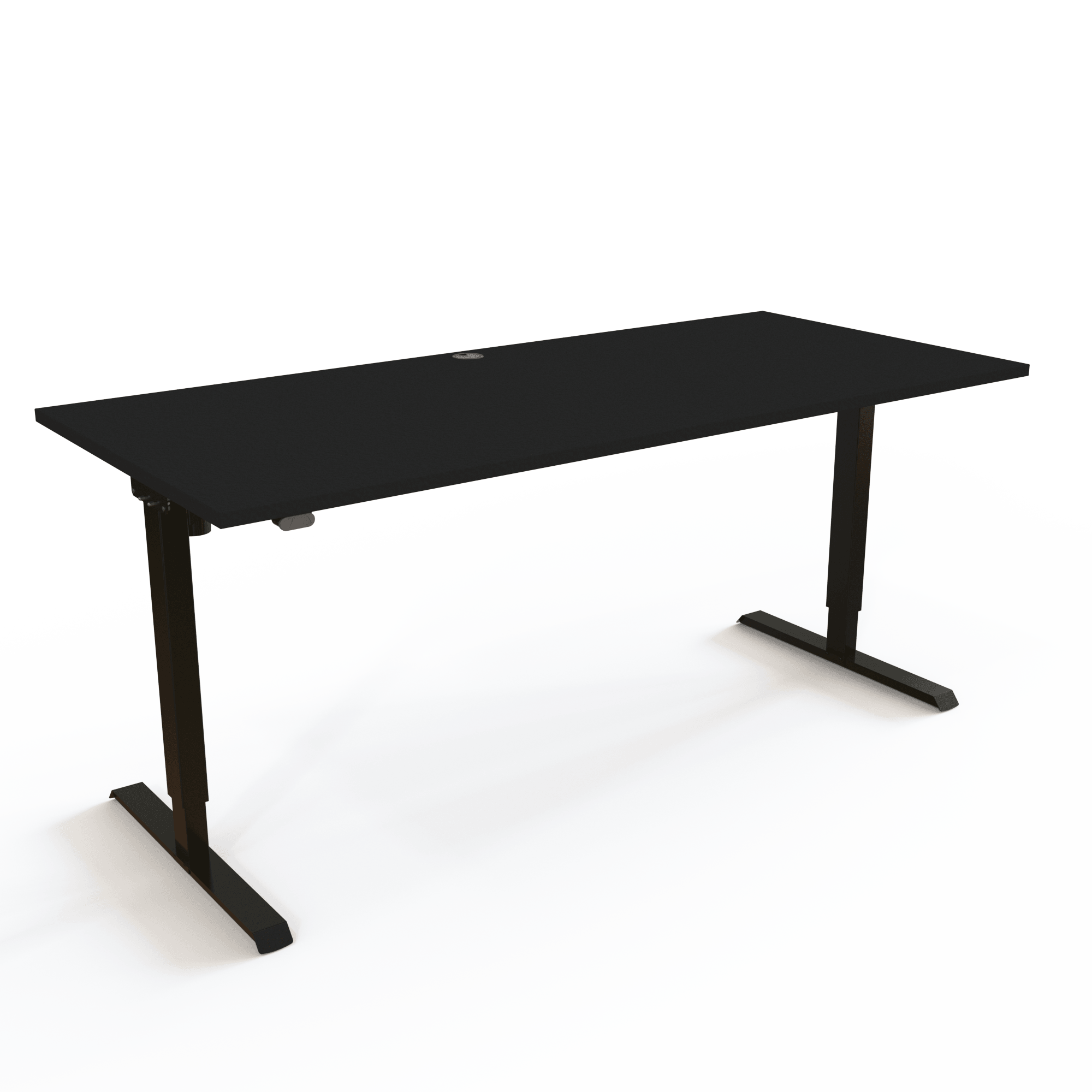 Der schlanke Schreibtisch wiegt minimal, hat aber eine robuste und stabile Konstruktion, mit Tischplatte in Schwarz und Untergestell in Schwarz. Die Größe ist 180x80. Die Höhe beträgt 68-119cm und der Tisch hebt 60kg.