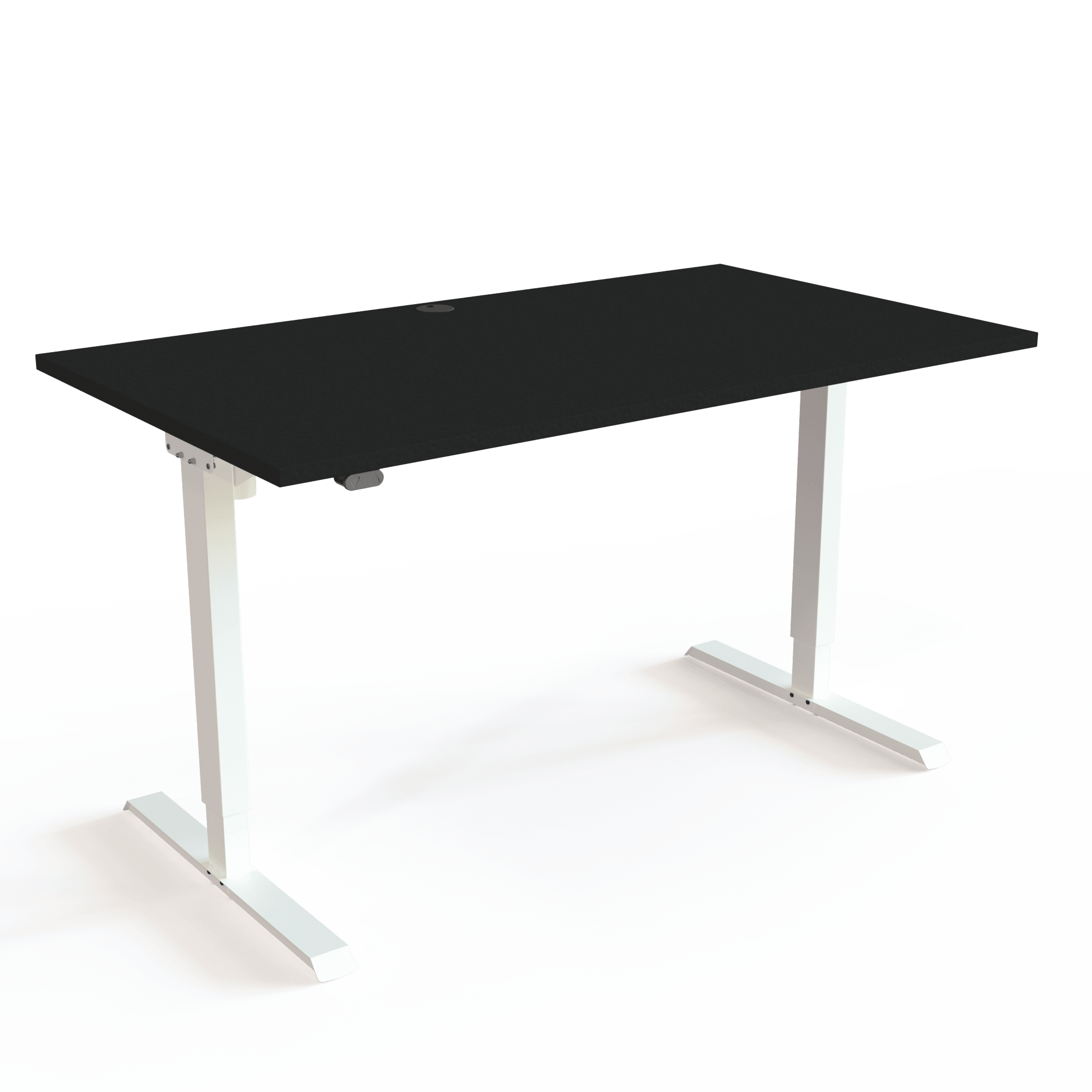 Dieser verstellbare Tisch hat einen Mittelfuß, mit Tischplatte in Schwarz und Untergestell in Weiß. Die Größe ist 140x80. Die Höhe beträgt 68-119cm und der Tisch hebt 60kg.