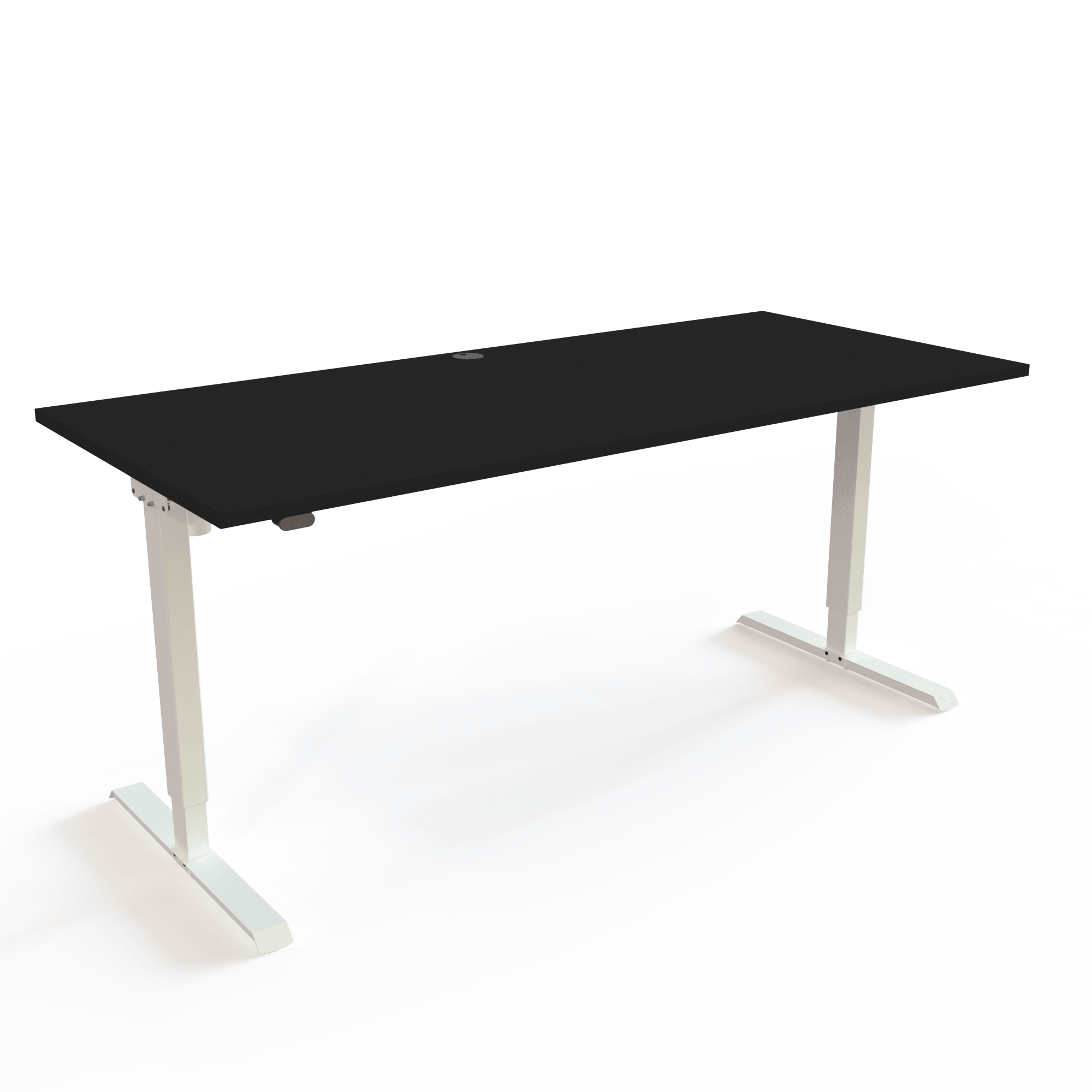Der höhenverstellbare Schreibtisch ist einfach gestaltet, um den Materialverbrauch zu minimieren, mit Tischplatte in Schwarz und Untergestell in Weiß. Die Größe ist 180x80. Die Höhe beträgt 68-119cm und der Tisch hebt 60kg.