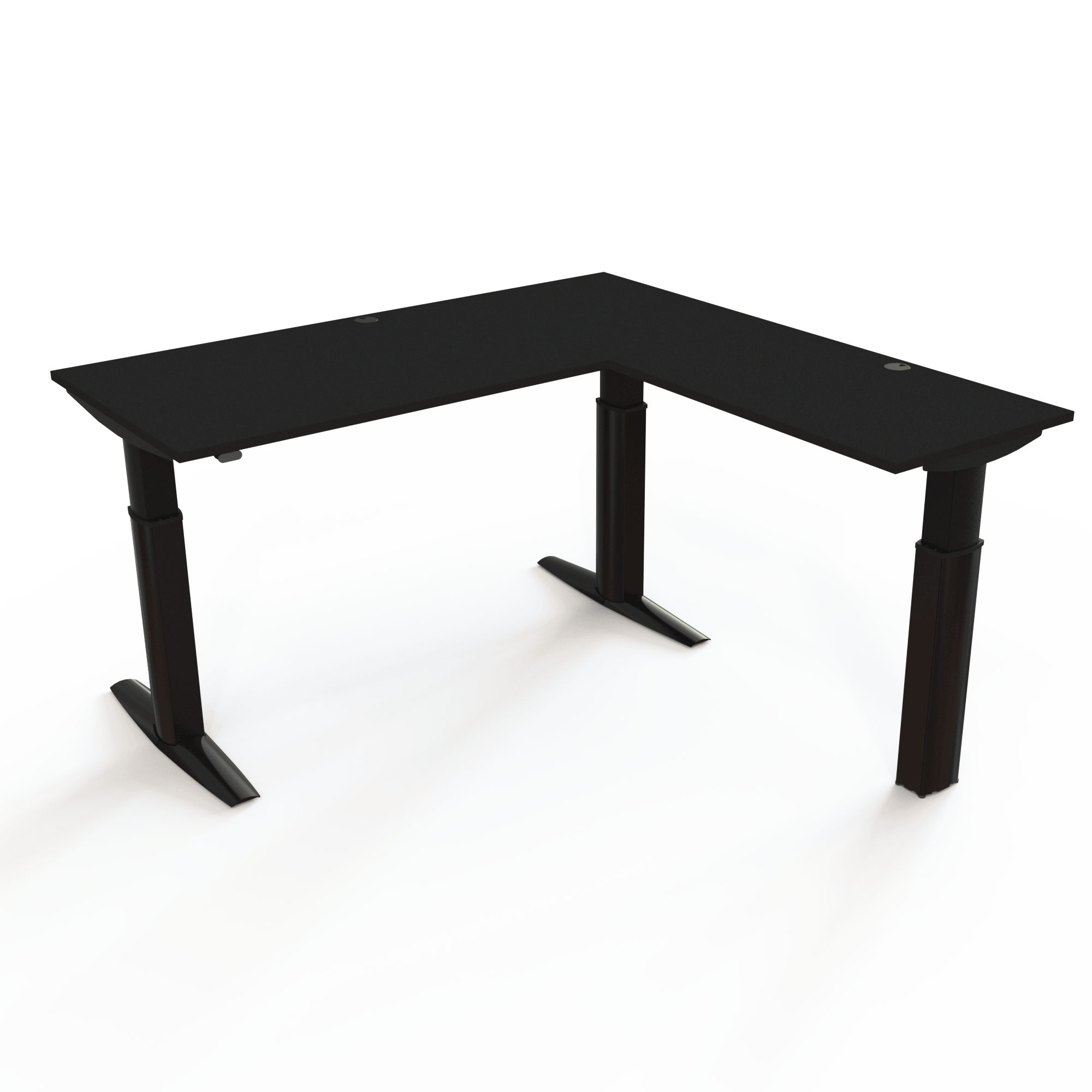 Winkelschreibtisch, höhenverstellbar mit Tischplatte in Schwarz und Untergestell in Schwarz. Die Größe ist 180x180. Die Höhe beträgt 68-120cm und der Tisch hebt 175kg.