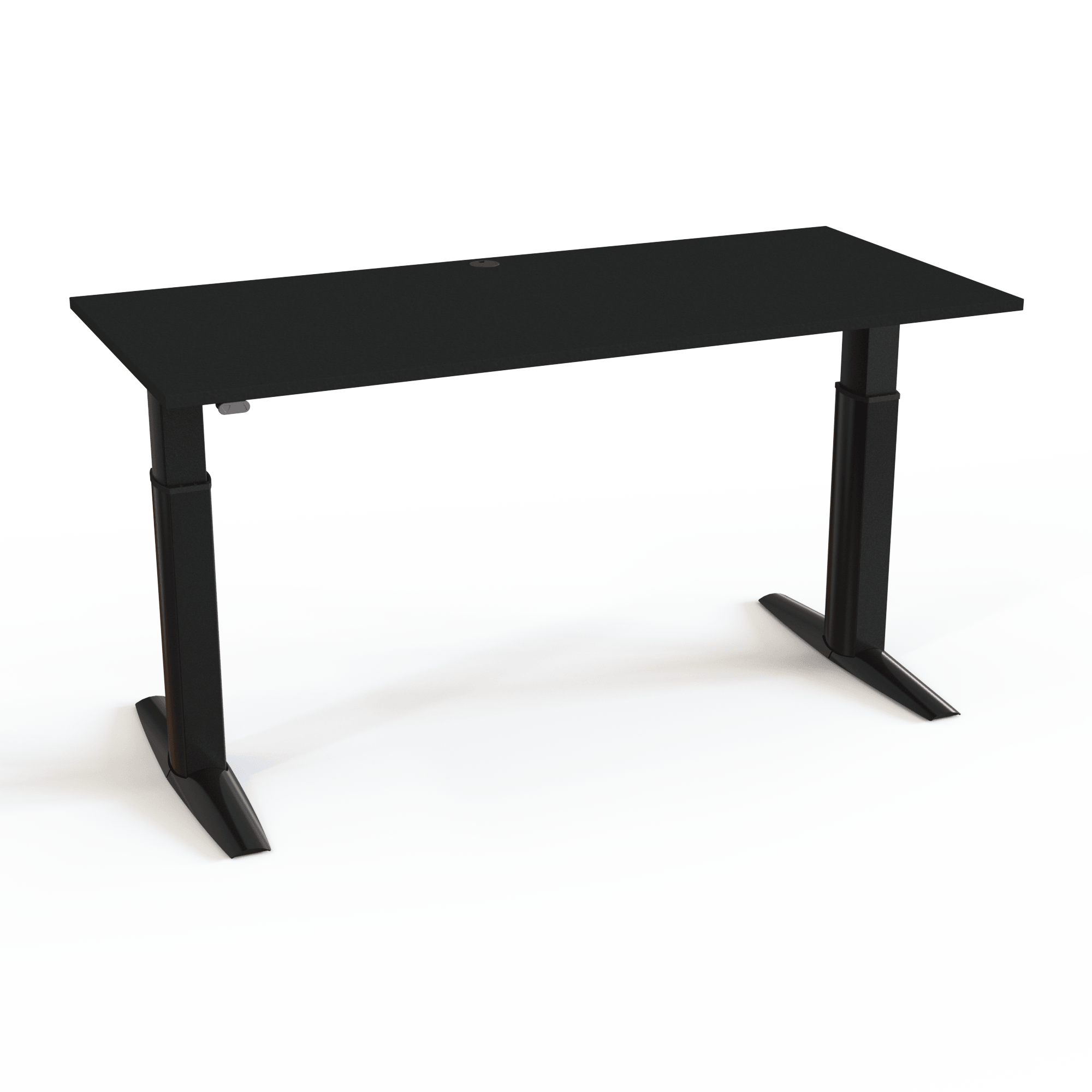 Bürotisch mit Kabeldurchlass in der Tischplatte, mit Tischplatte in Schwarz und Untergestell in Schwarz. Die Größe ist 180x80. Die Höhe beträgt 68-120cm und der Tisch hebt 175kg.