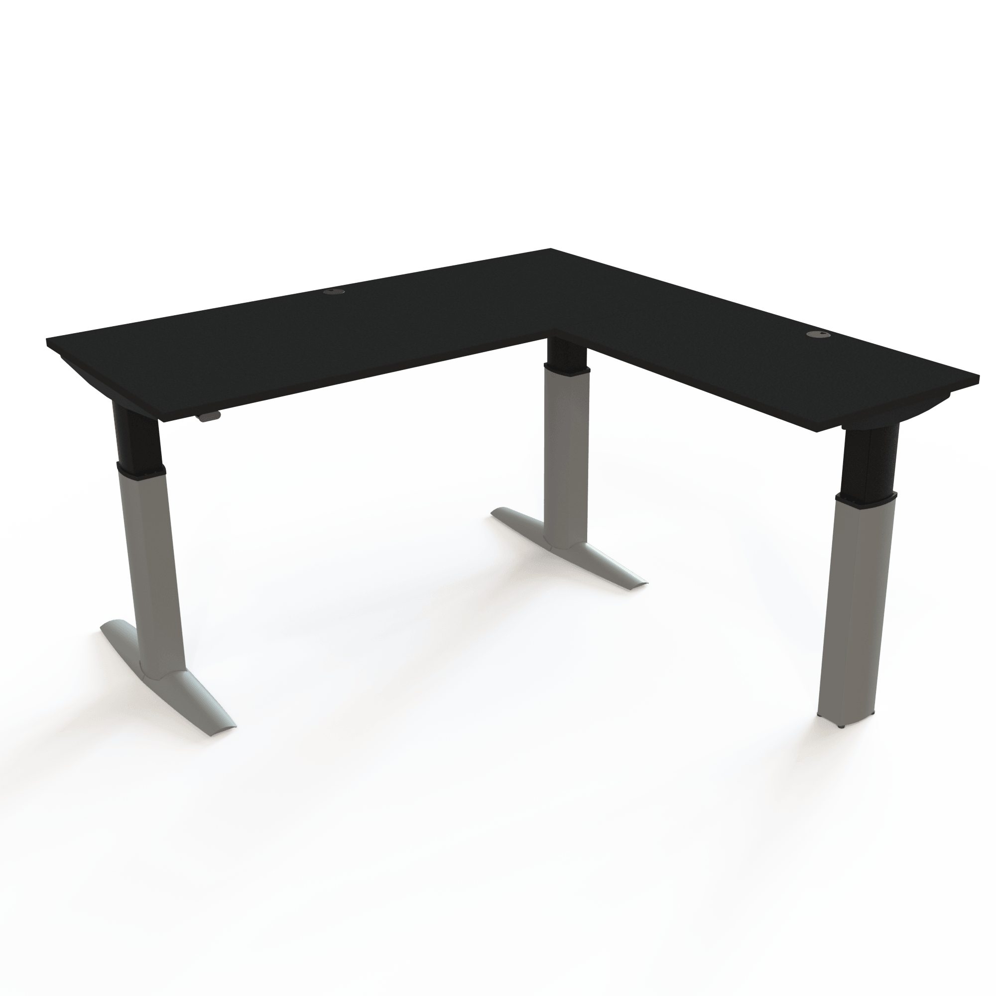 Großer Schreibtisch mit Anstelltisch mit Tischplatte in Schwarz und Untergestell in Silber. Die Größe ist 180x180. Die Höhe beträgt 68-120cm und der Tisch hebt 175kg.