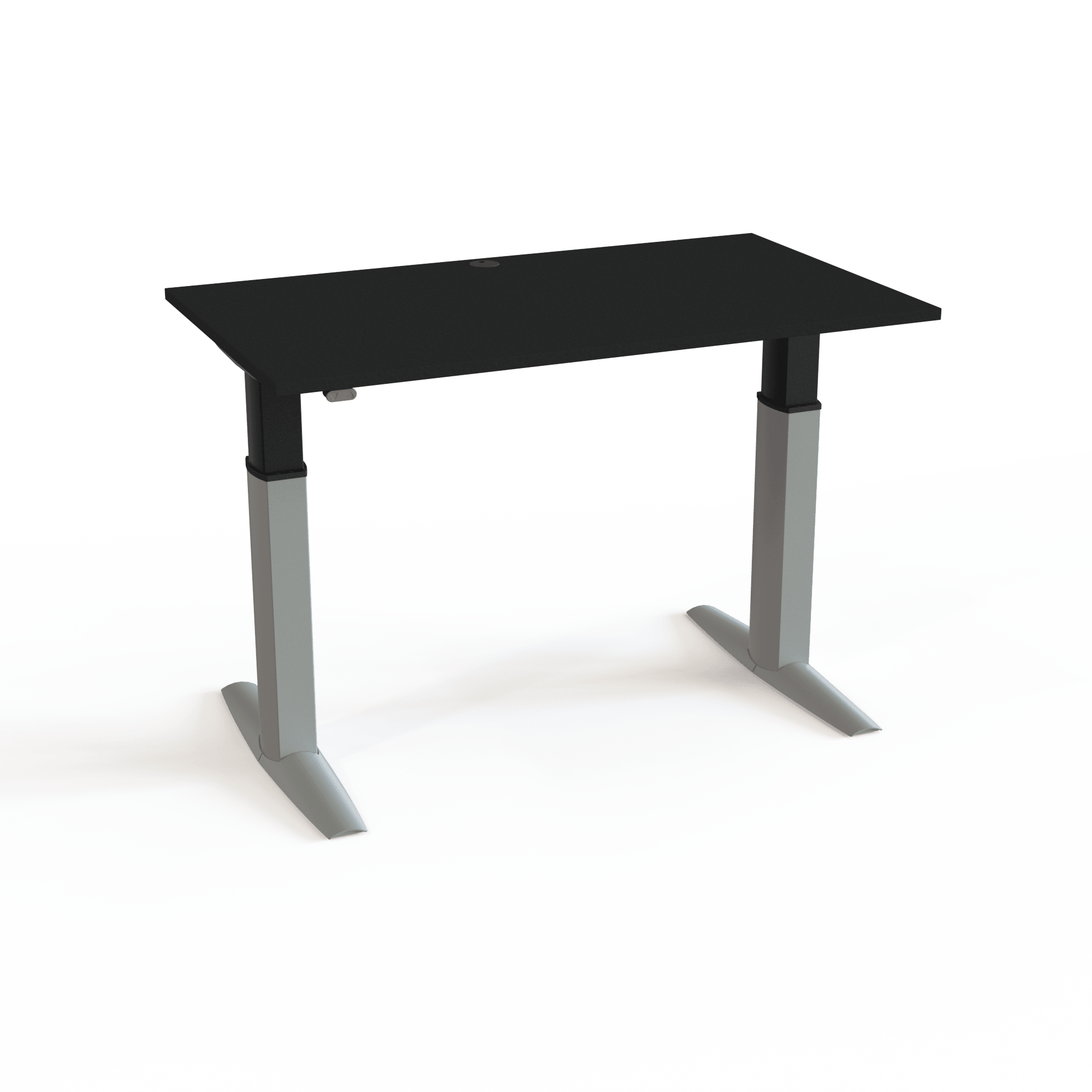 Ein starker und stabiler Schreibtisch mit Tischplatte in Schwarz und Untergestell in Silber. Die Größe ist 140x80. Die Höhe beträgt 68-120cm und der Tisch hebt 175kg.