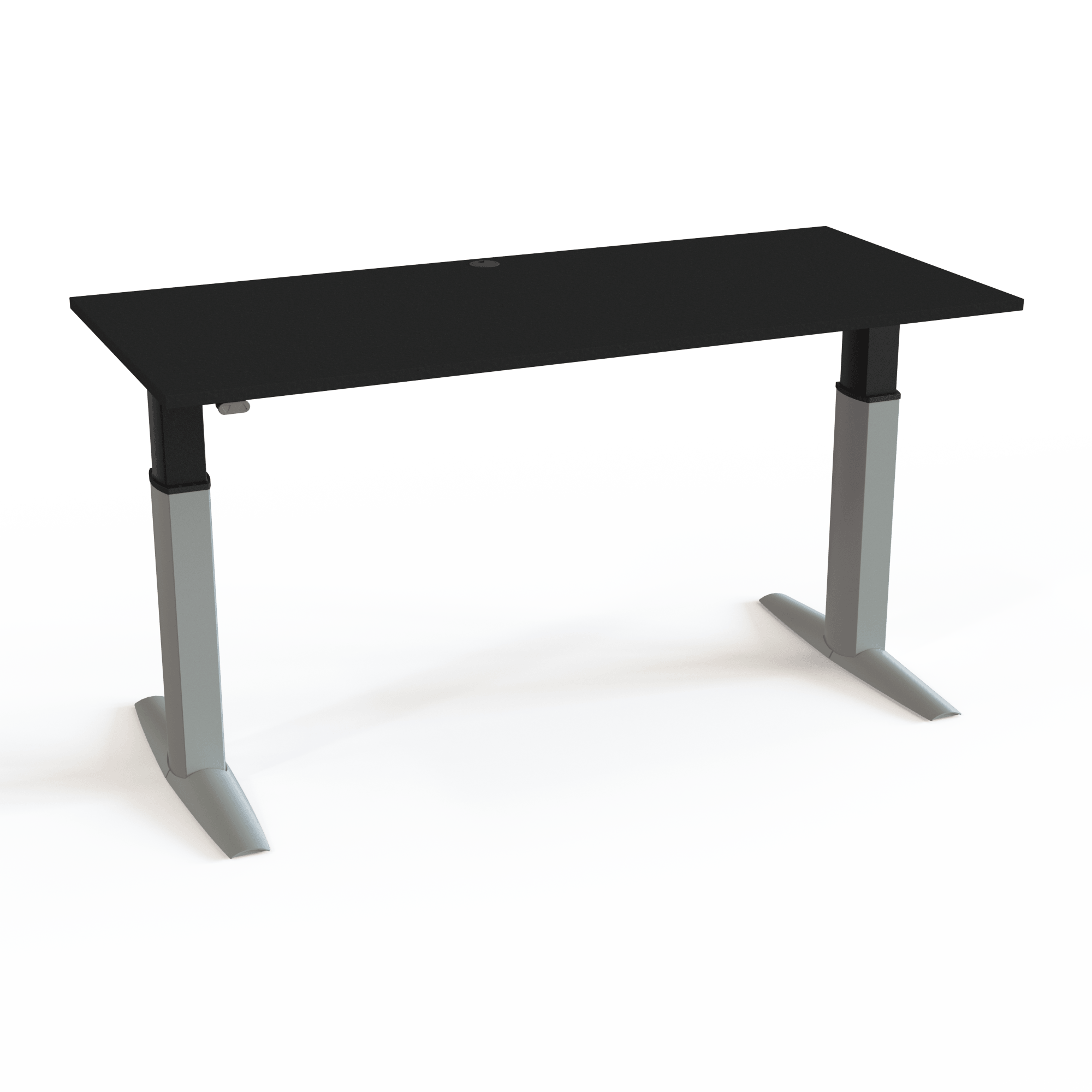 Der Tisch wird mit einer integrierten Kabelwanne geliefert, mit Tischplatte in Schwarz und Untergestell in Silber. Die Größe ist 180x80. Die Höhe beträgt 68-120cm und der Tisch hebt 175kg.