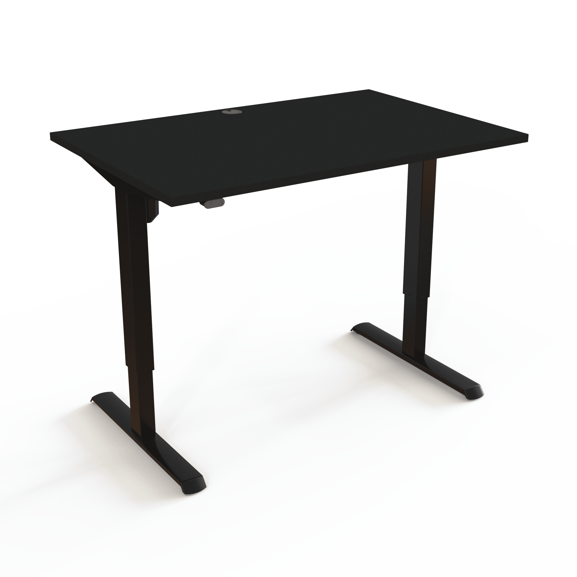 Höhenverstellbarer Schreibtisch ohne komplizierte Elektronik mit Tischplatte in Schwarz und Untergestell in Schwarz. Die Größe ist 120x80. Die Höhe beträgt 68-118cm und der Tisch hebt 80kg.