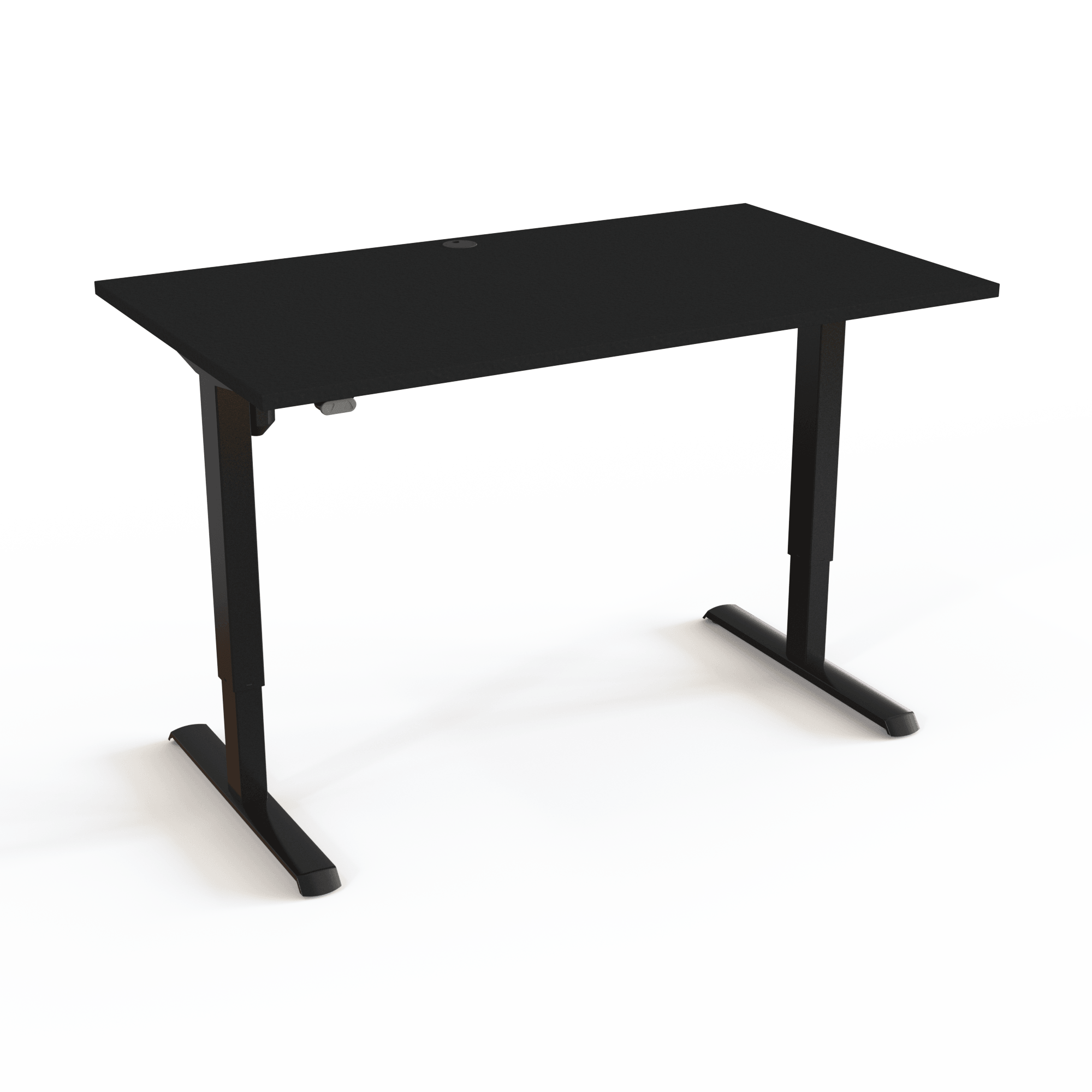 Schreibtisch, der vom TÜV getestet wurde, mit Tischplatte in Schwarz und Untergestell in Schwarz. Die Größe ist 140x80. Die Höhe beträgt 68-118cm und der Tisch hebt 80kg.