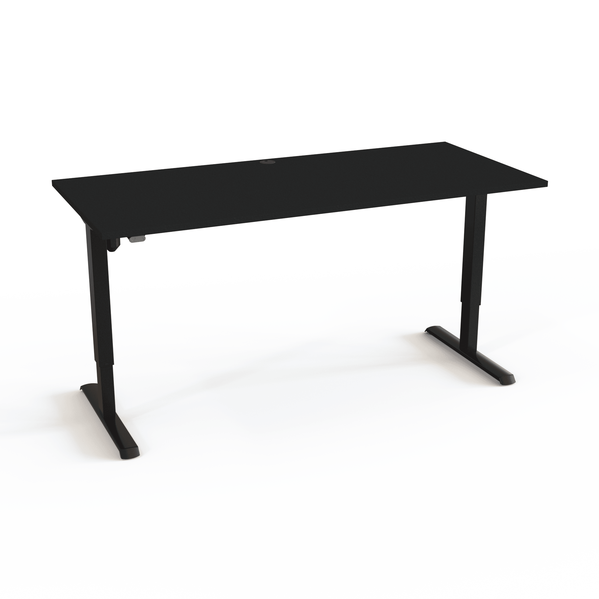 Höhenverstellbarer Schreibtisch ohne komplizierte Elektronik mit Tischplatte in Schwarz und Untergestell in Schwarz. Die Größe ist 180x80. Die Höhe beträgt 68-118cm und der Tisch hebt 80kg.