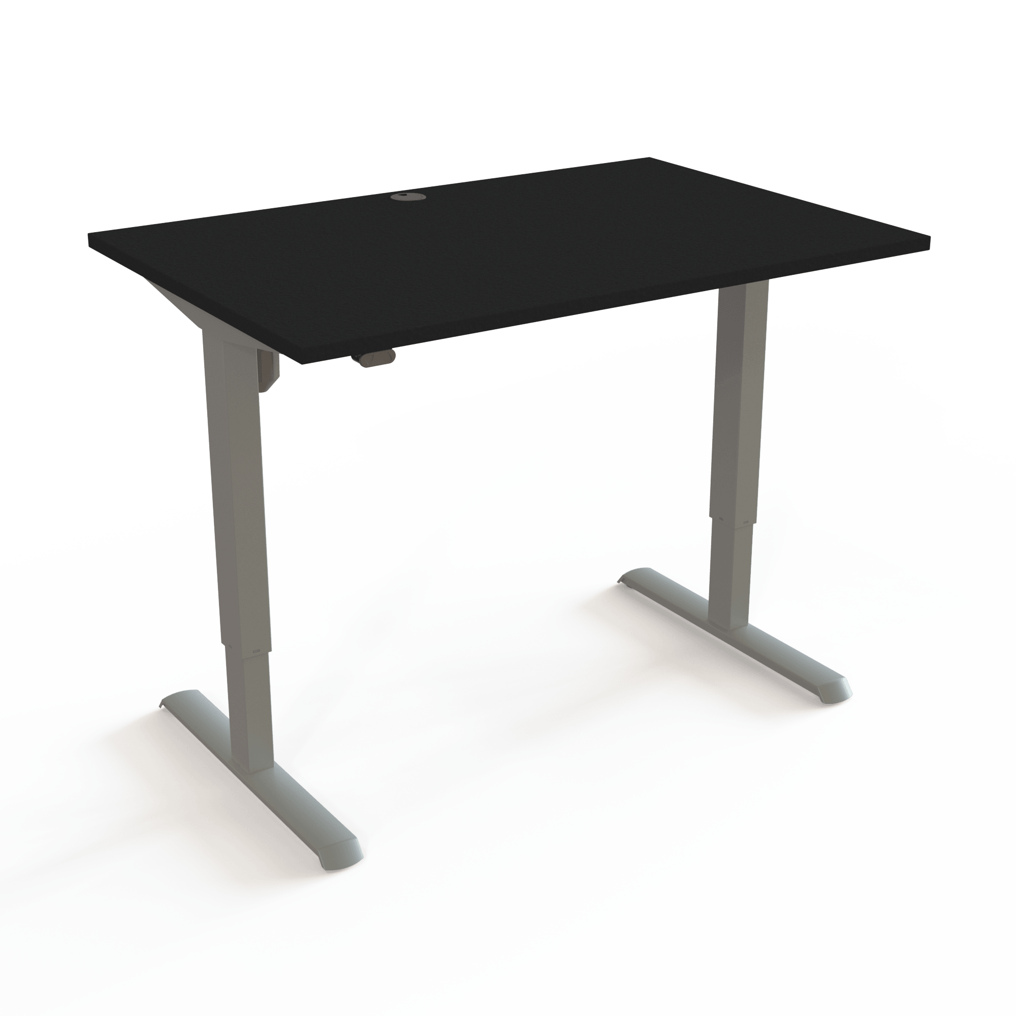 Höhenverstellbarer Schreibtisch mit mechanischer Synchronisation mit Tischplatte in Schwarz und Untergestell in Silber. Die Größe ist 120x80. Die Höhe beträgt 68-118cm und der Tisch hebt 80kg.