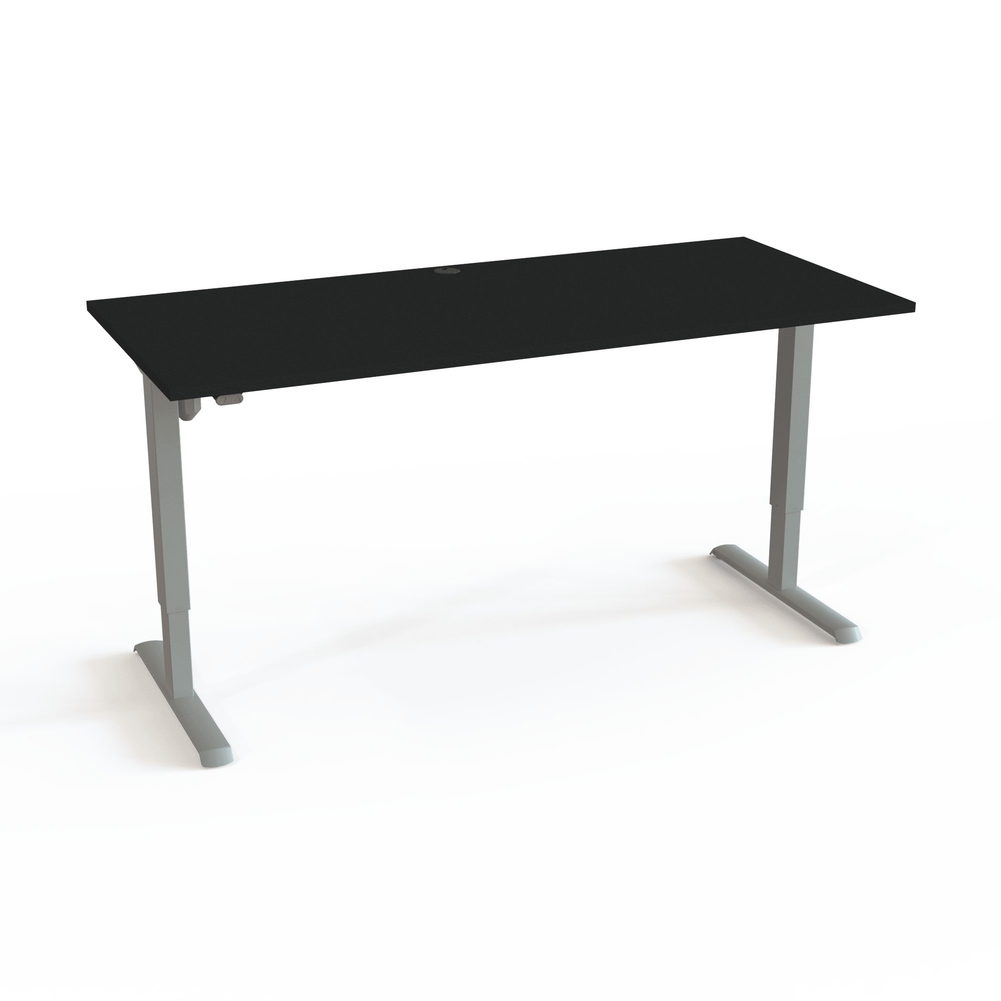 Schreibtisch, der vom TÜV getestet wurde, mit Tischplatte in Schwarz und Untergestell in Silber. Die Größe ist 180x80. Die Höhe beträgt 68-118cm und der Tisch hebt 80kg.