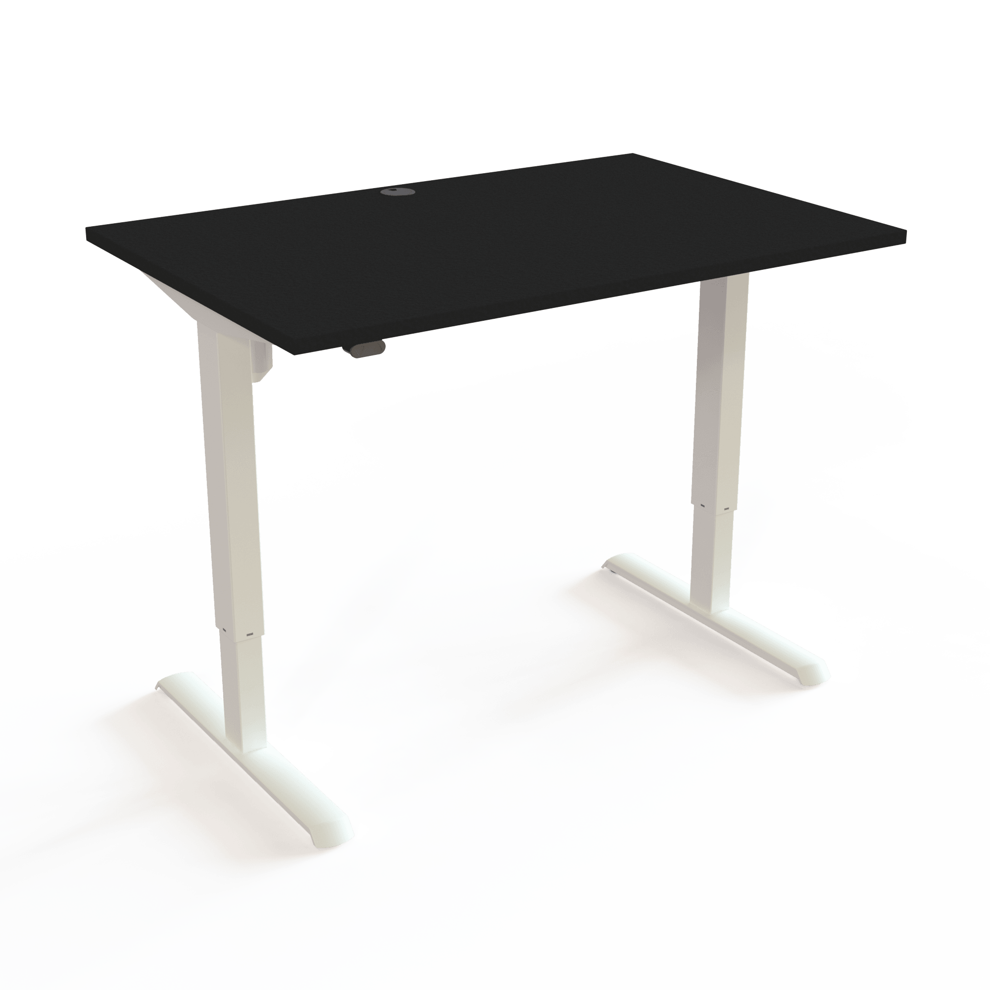 Höhenverstellbarer Schreibtisch, der in 15 Minuten montiert ist, mit Tischplatte in Schwarz und Untergestell in Weiß. Die Größe ist 120x80. Die Höhe beträgt 68-118cm und der Tisch hebt 80kg.