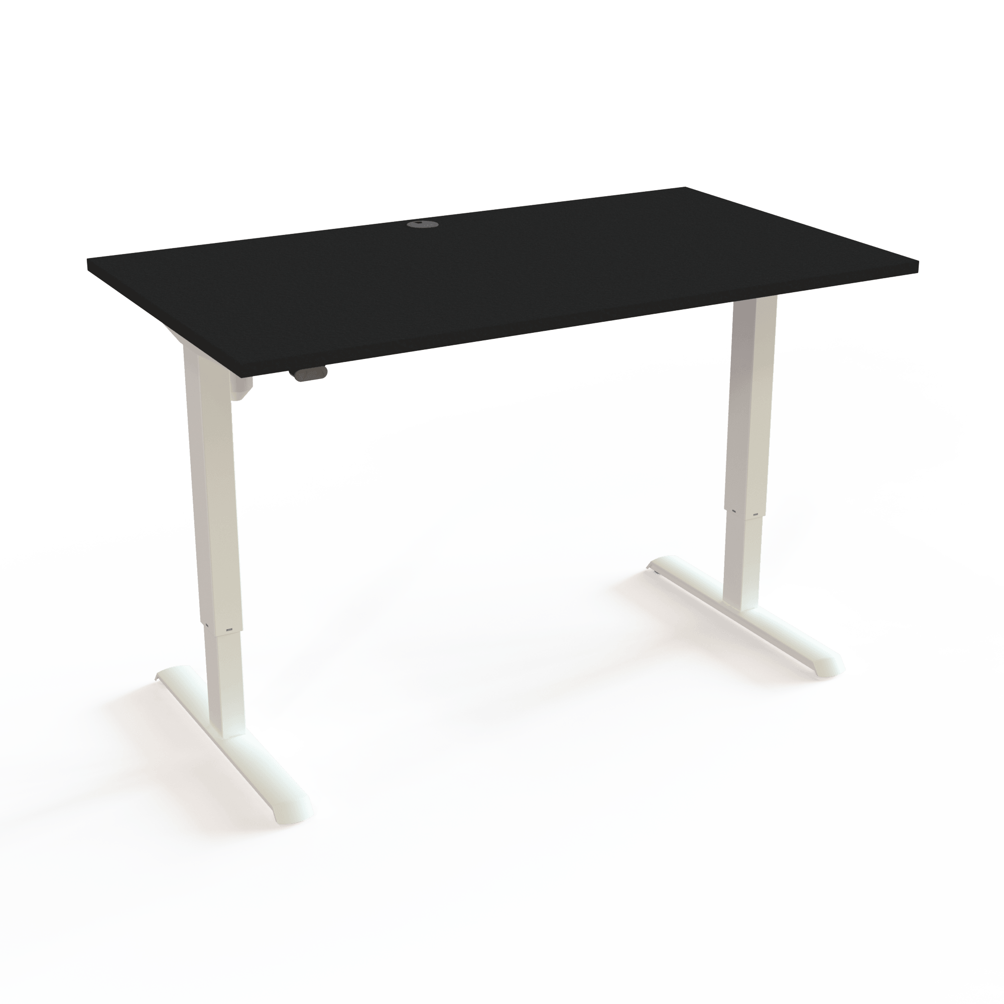 Sitz-Steh-Tisch mit geringem CO2-Ausstoß zu einem fairen Preis mit Tischplatte in Schwarz und Untergestell in Weiß. Die Größe ist 140x80. Die Höhe beträgt 68-118cm und der Tisch hebt 80kg.