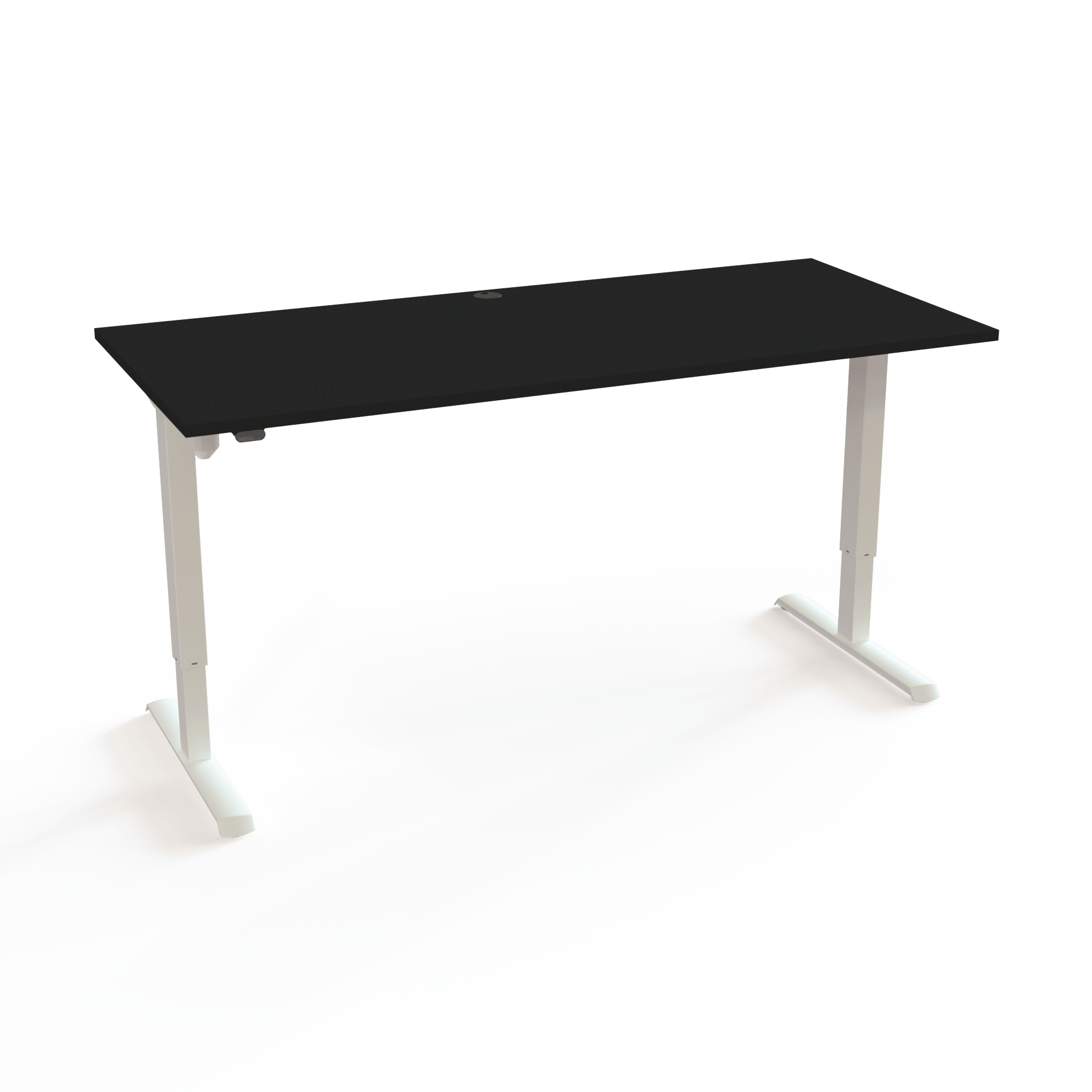 Höhenverstellbarer Schreibtisch ohne komplizierte Elektronik mit Tischplatte in Schwarz und Untergestell in Weiß. Die Größe ist 180x80. Die Höhe beträgt 68-118cm und der Tisch hebt 80kg.