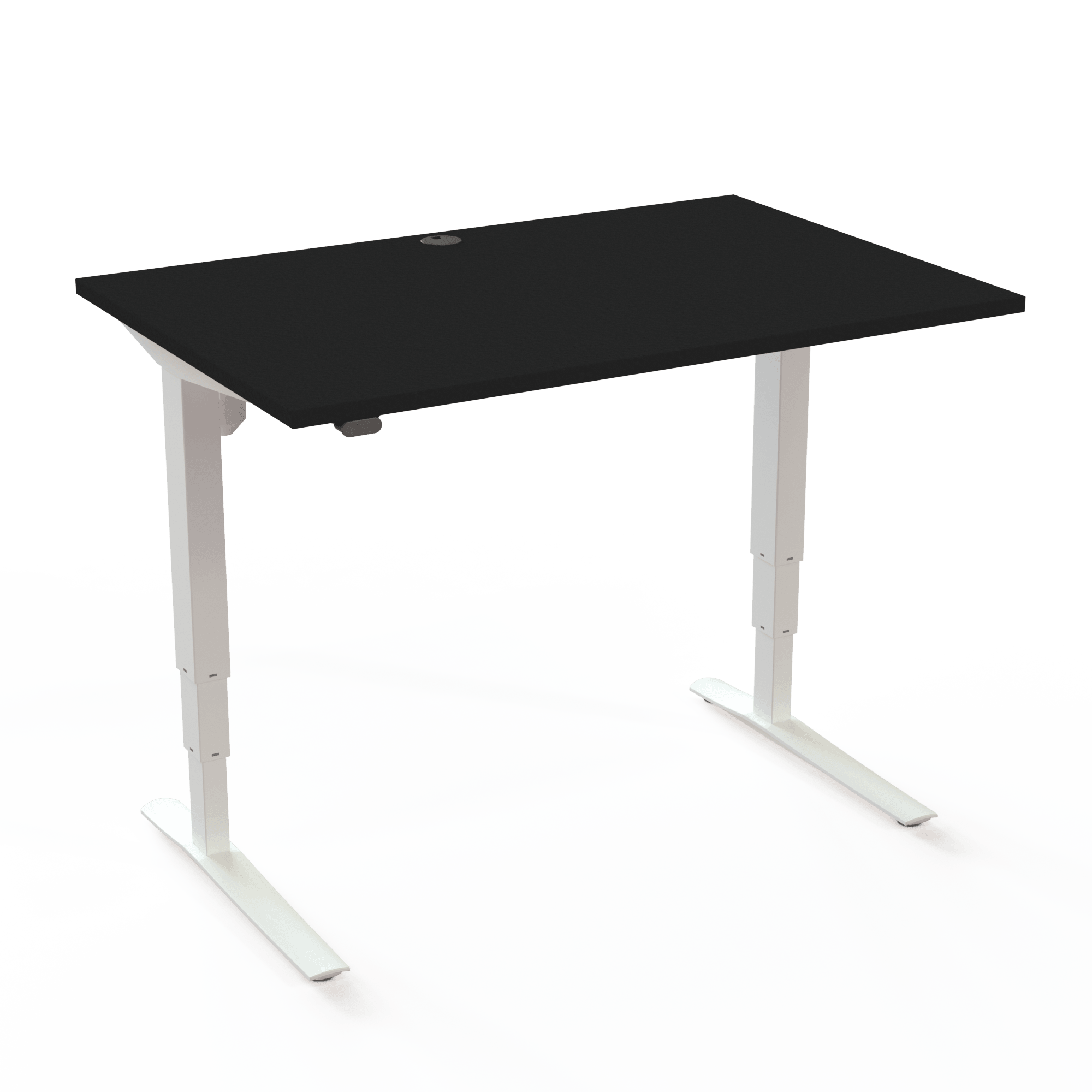 Ein höhenverstellbarer Schreibtisch, der in 17 Minuten montiert werden kann, mit Tischplatte in Schwarz und Untergestell in Schwarz. Die Größe ist 120x80. Die Höhe beträgt 62-130cm und der Tisch hebt 100kg.