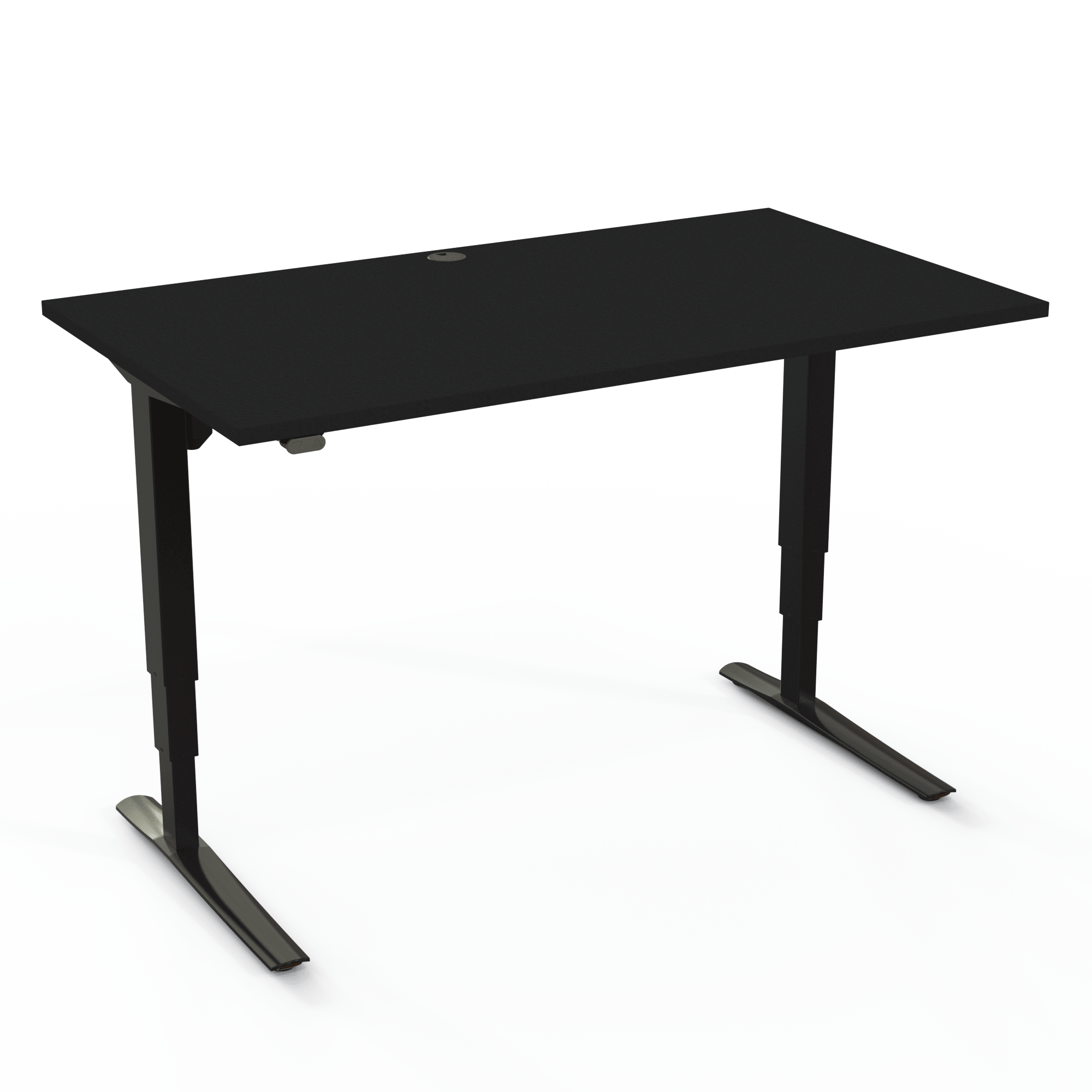 Der höhenverstellbare Schreibtisch wird von einem Motor angetrieben und hat mechanisch synchronisierte Beine, mit Tischplatte in Schwarz und Untergestell in Schwarz. Die Größe ist 140x80. Die Höhe beträgt 62-130cm und der Tisch hebt 100kg.