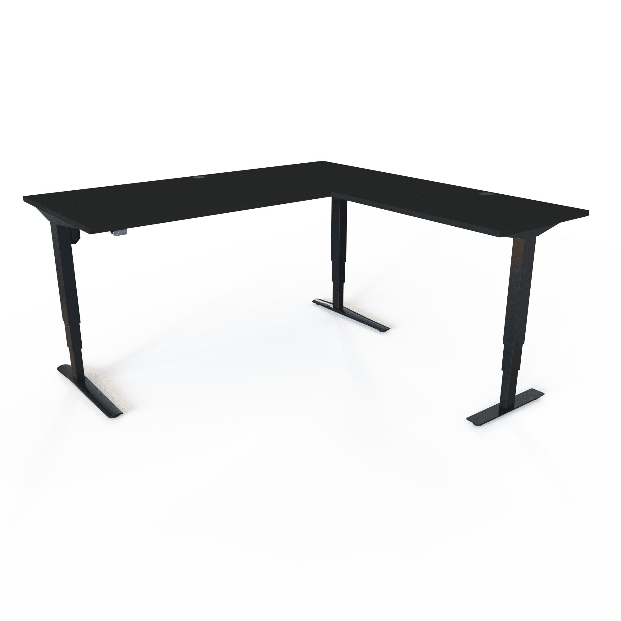 Winkelschreibtisch, höhenverstellbar mit Tischplatte in Schwarz und Untergestell in Schwarz. Die Größe ist 180x180. Die Höhe beträgt 62-130cm und der Tisch hebt 100kg.