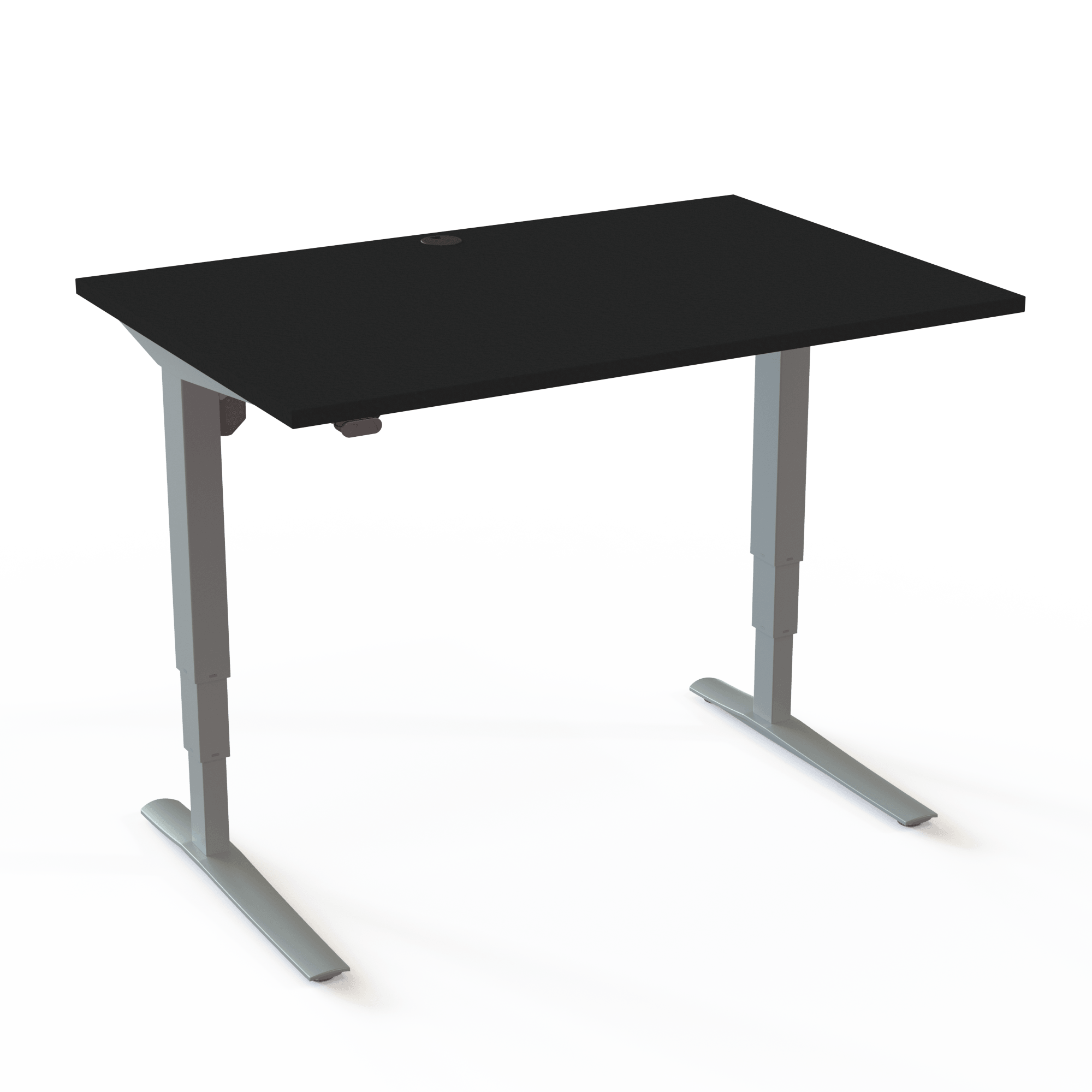 Höhenverstellbarer Schreibtisch mit C-Fuß-Gestell und zurückgesetzten Säulen sorgt für maximale Beinfreiheit, mit Tischplatte in Schwarz und Untergestell in Silber. Die Größe ist 120x80. Die Höhe beträgt 62-130cm und der Tisch hebt 100kg.