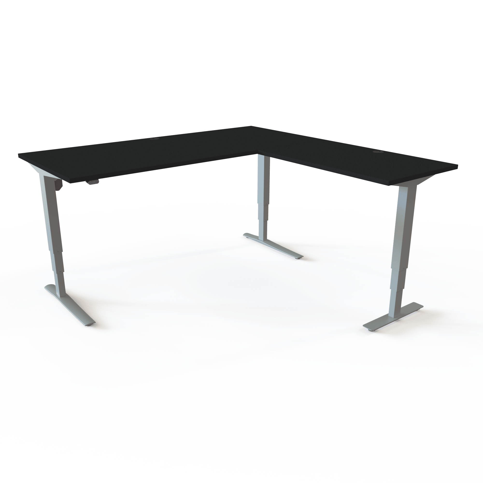 Winkelschreibtisch, höhenverstellbar mit Tischplatte in Schwarz und Untergestell in Silber. Die Größe ist 180x180. Die Höhe beträgt 62-130cm und der Tisch hebt 100kg.