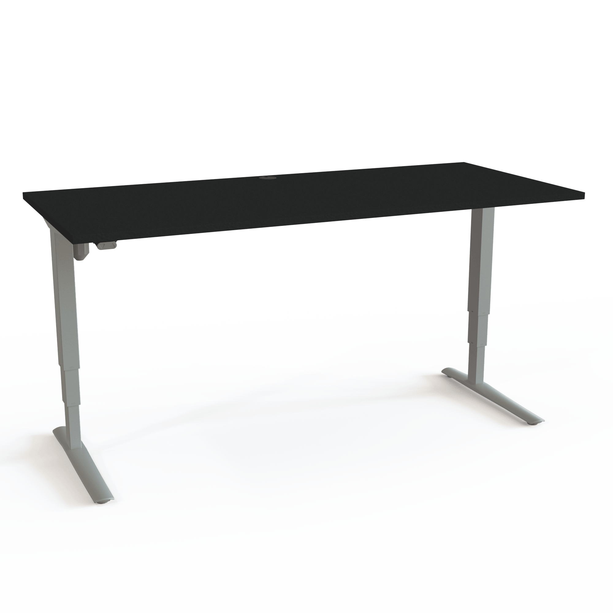 Höhenverstellbarer Schreibtisch mit C-Fuß-Gestell und zurückgesetzten Säulen sorgt für maximale Beinfreiheit, mit Tischplatte in Schwarz und Untergestell in Silber. Die Größe ist 180x80. Die Höhe beträgt 62-130cm und der Tisch hebt 100kg.