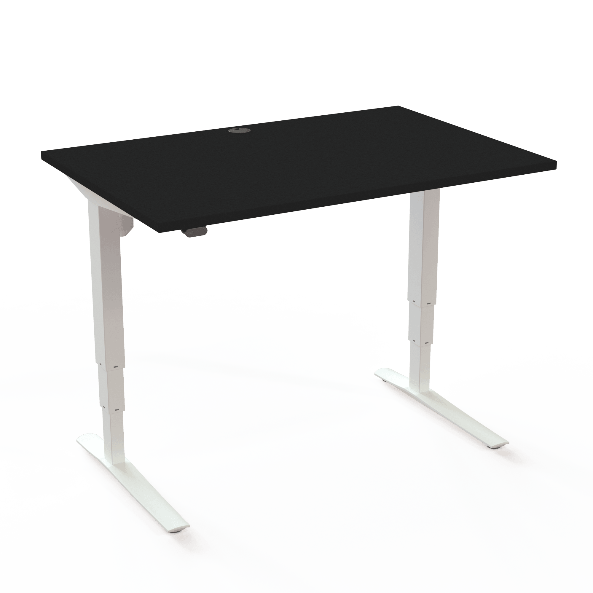 Höhenverstellbarer Schreibtisch mit großer Tragkraft und einem beeindruckend hohen Hubweg, mit Tischplatte in Schwarz und Untergestell in Weiß. Die Größe ist 120x80. Die Höhe beträgt 62-130cm und der Tisch hebt 100kg.