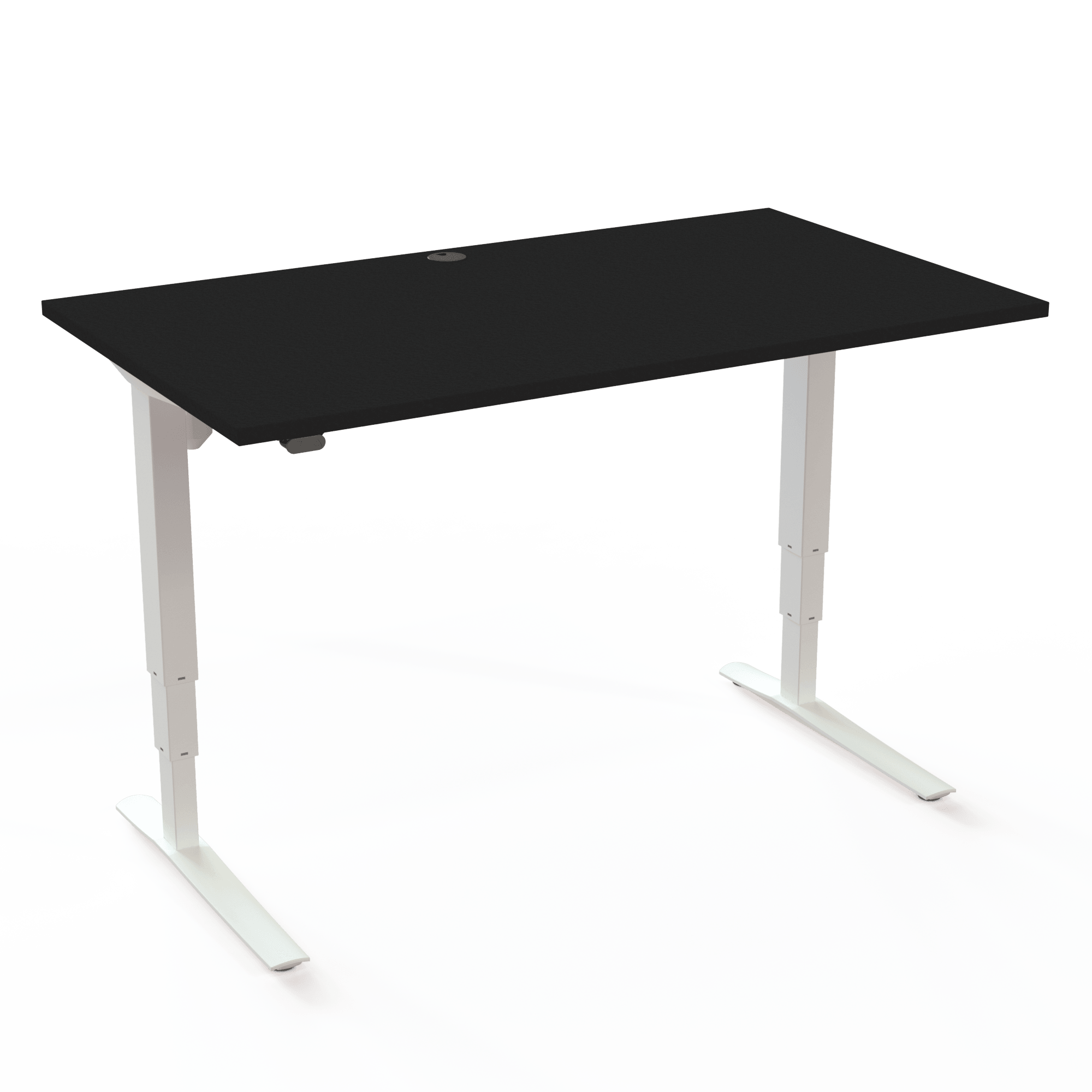 Höhenverstellbarer Schreibtisch mit großer Tragkraft und einem beeindruckend hohen Hubweg, mit Tischplatte in Schwarz und Untergestell in Weiß. Die Größe ist 140x80. Die Höhe beträgt 62-130cm und der Tisch hebt 100kg.