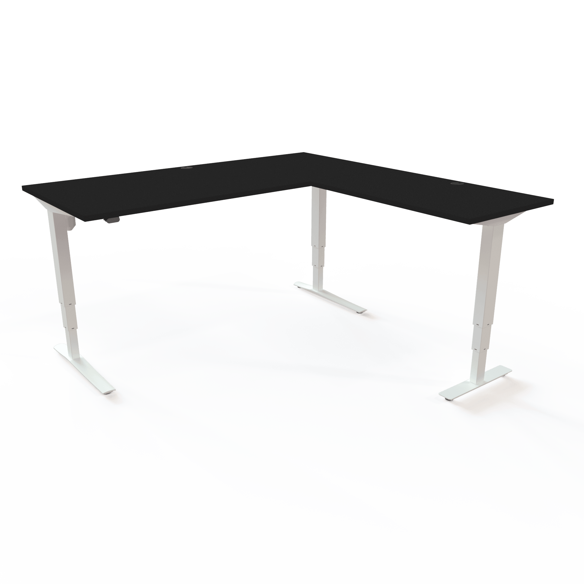 Winkelschreibtisch, höhenverstellbar mit Tischplatte in Schwarz und Untergestell in Weiß. Die Größe ist 180x180. Die Höhe beträgt 62-130cm und der Tisch hebt 100kg.