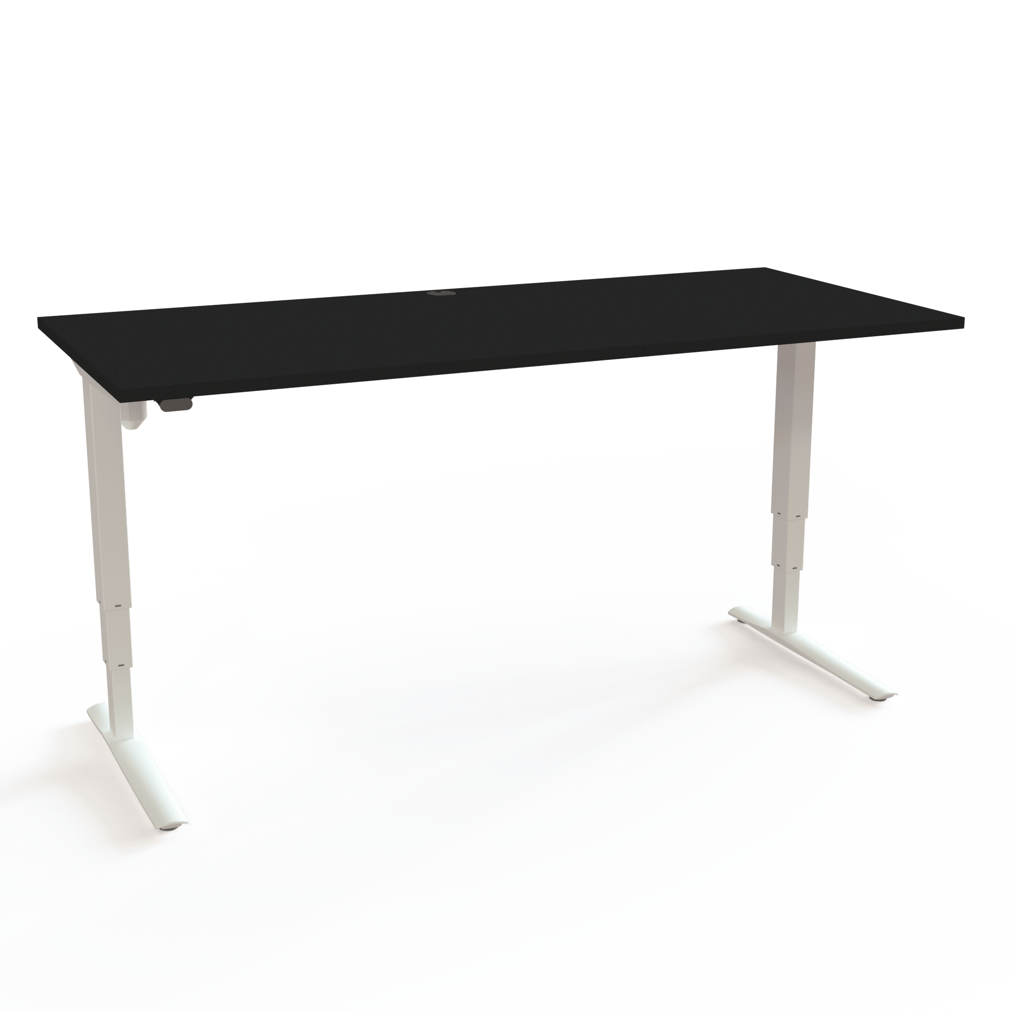 Höhenverstellbarer Schreibtisch mit C-Fuß-Gestell und zurückgesetzten Säulen sorgt für maximale Beinfreiheit, mit Tischplatte in Schwarz und Untergestell in Weiß. Die Größe ist 180x80. Die Höhe beträgt 62-130cm und der Tisch hebt 100kg.