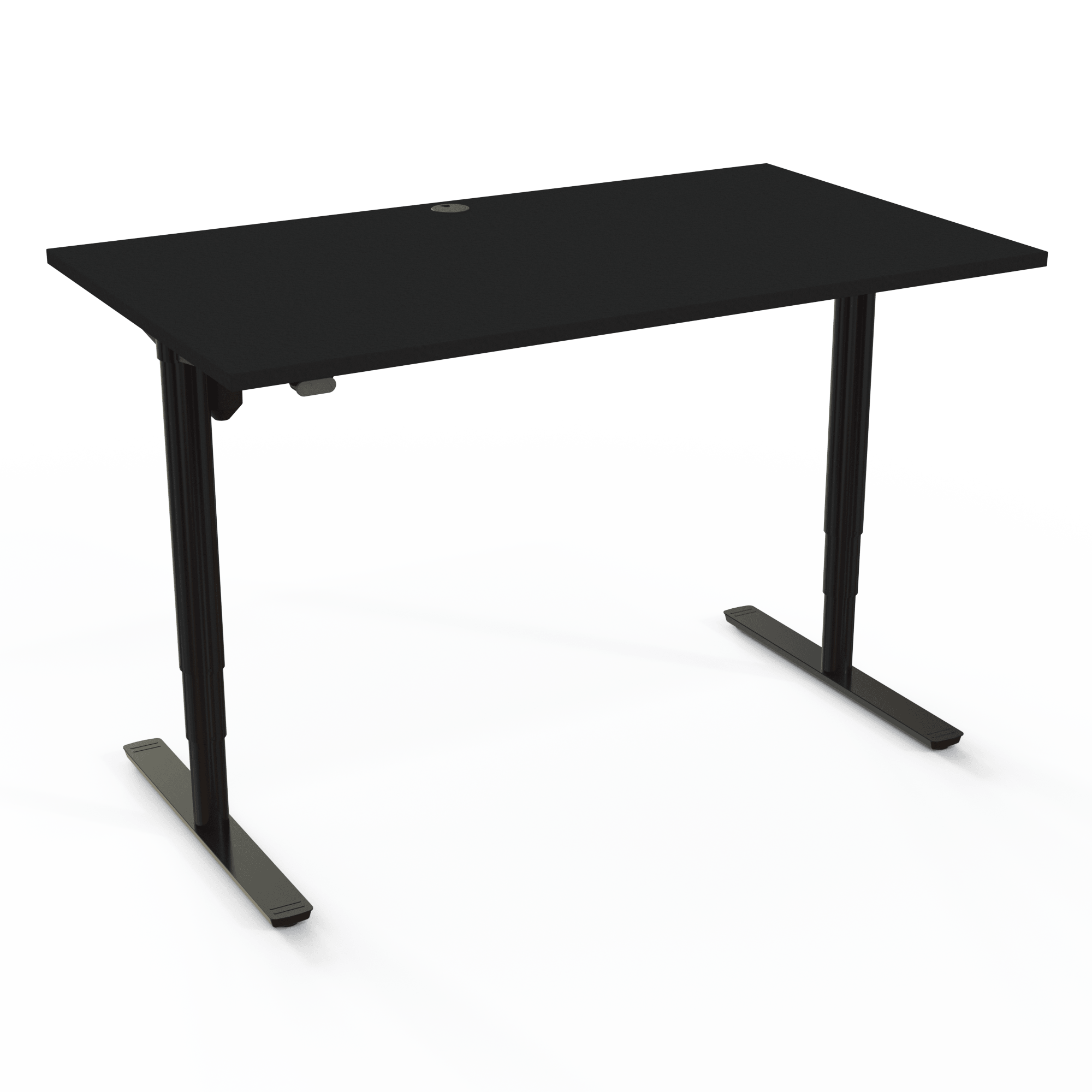 Der elektrische Schreibtisch mit runden Säulen bietet einen minimalistischen Look mit Tischplatte in Schwarz und Untergestell in Schwarz. Die Größe ist 140x80. Die Höhe beträgt 65-125cm und der Tisch hebt 100kg.