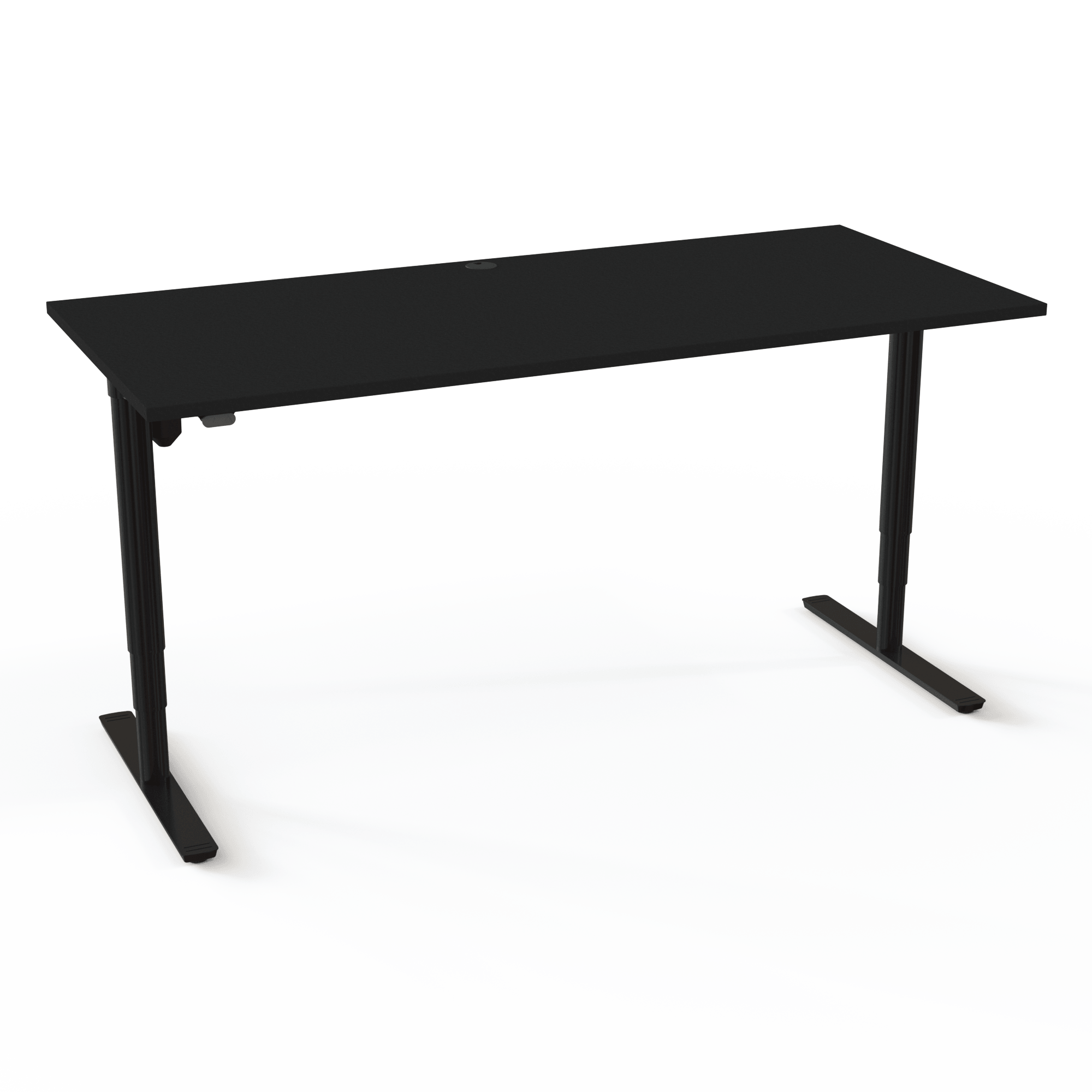 Der verstellbare Schreibtisch mit zylindrischen Säulen hat einen zeitlosen und weichen Look mit Tischplatte in Schwarz und Untergestell in Schwarz. Die Größe ist 180x80. Die Höhe beträgt 65-125cm und der Tisch hebt 100kg.