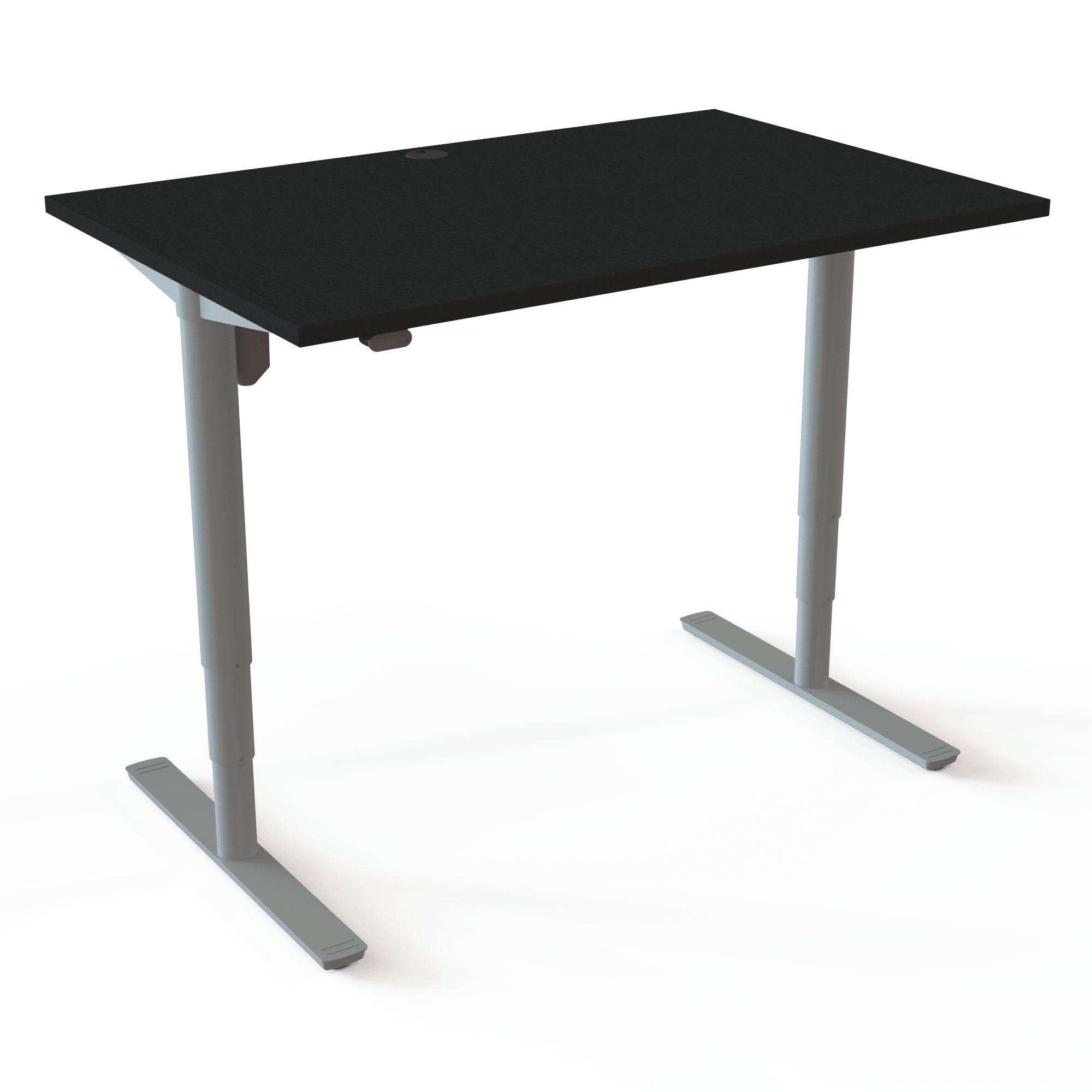 Der höhenverstellbare Schreibtisch mit zylindrischen Säulen hat einen einzigartigen und charakteristischen Fuß, mit Tischplatte in Schwarz und Untergestell in Silber. Die Größe ist 120x80. Die Höhe beträgt 65-125cm und der Tisch hebt 100kg.