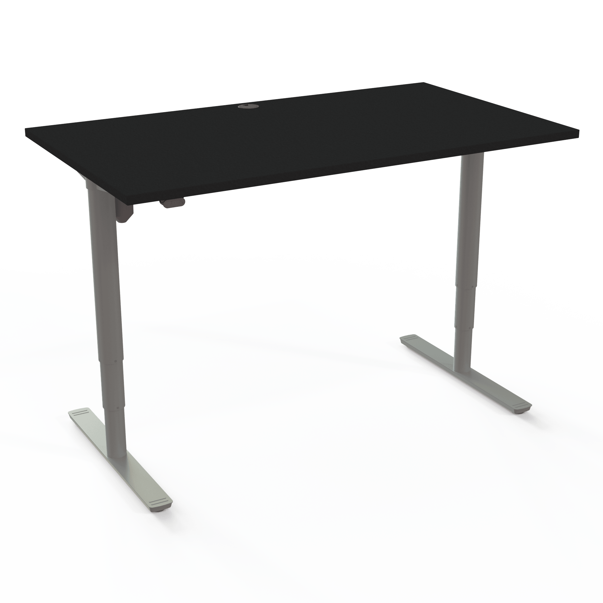 Der höhenverstellbare Schreibtisch mit zylindrischen Säulen sorgt für eine gute Höhenverstellung mit Tischplatte in Schwarz und Untergestell in Silber. Die Größe ist 140x80. Die Höhe beträgt 65-125cm und der Tisch hebt 100kg.