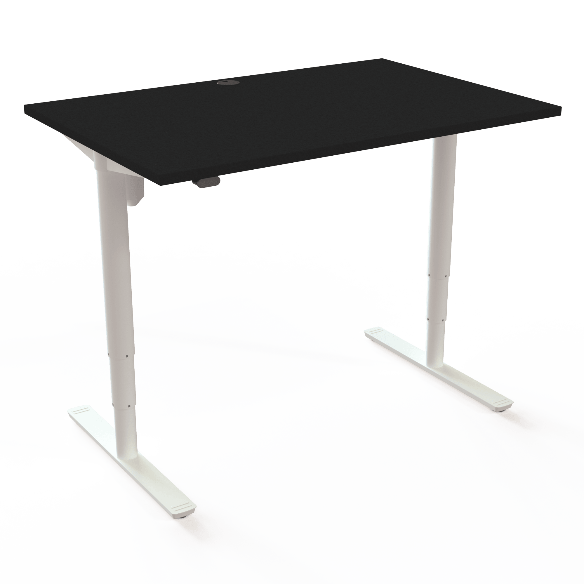 Der höhenverstellbare Schreibtisch mit runden Säulen hat ein symmetrisches Design, mit Tischplatte in Schwarz und Untergestell in Weiß. Die Größe ist 120x80. Die Höhe beträgt 65-125cm und der Tisch hebt 100kg.