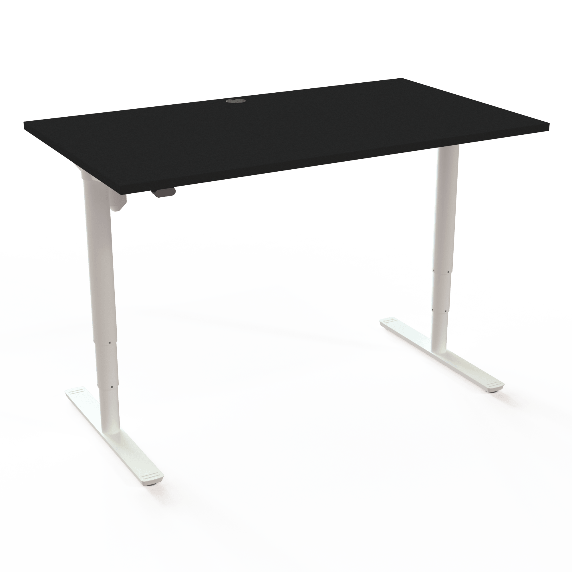 Dieser höhenverstellbare Schreibtisch mit zylindrischen Säulen bietet eine große Tragkraft, mit Tischplatte in Schwarz und Untergestell in Weiß. Die Größe ist 140x80. Die Höhe beträgt 65-125cm und der Tisch hebt 100kg.