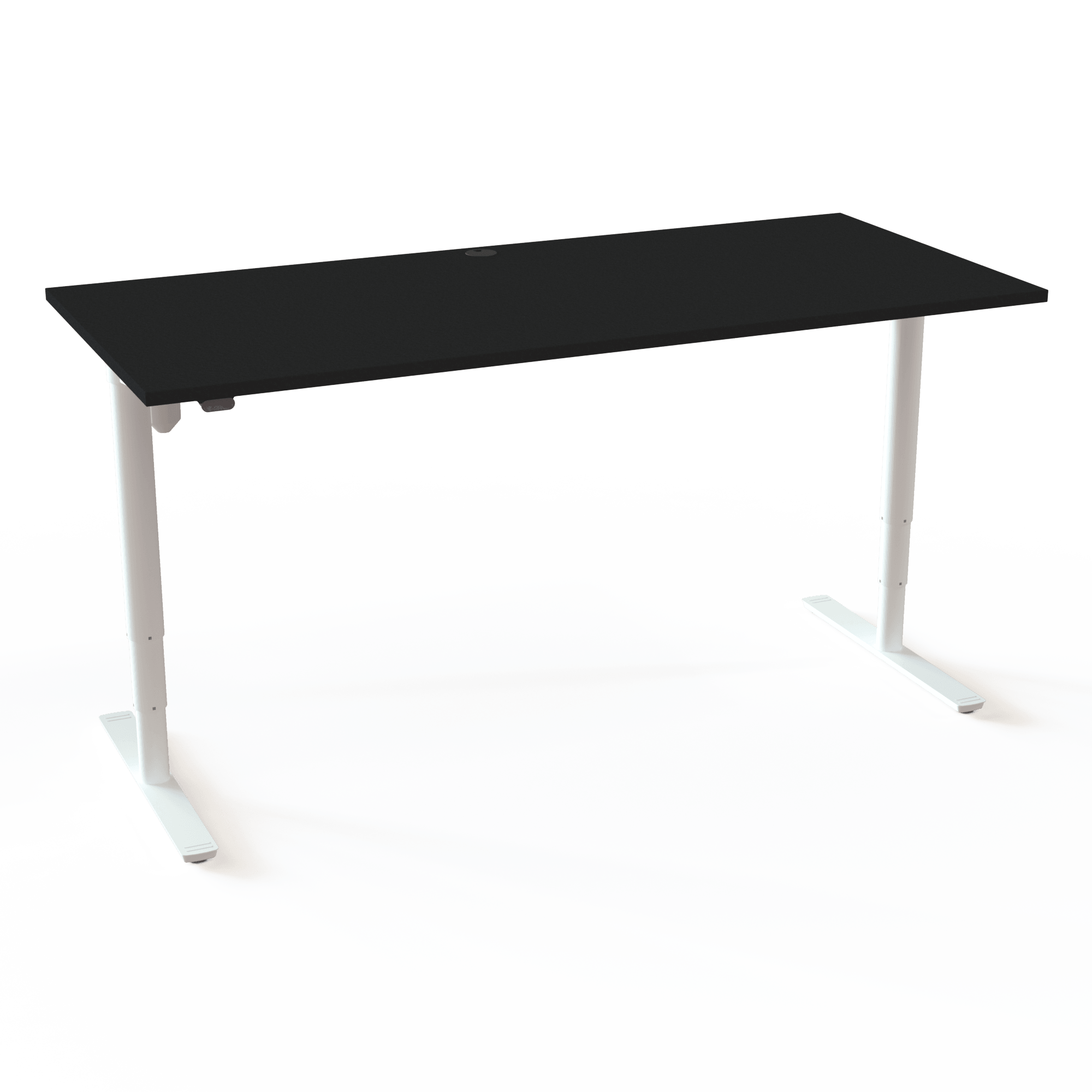 Der elektrische Schreibtisch mit runden Säulen bietet einen minimalistischen Look mit Tischplatte in Schwarz und Untergestell in Weiß. Die Größe ist 180x80. Die Höhe beträgt 65-125cm und der Tisch hebt 100kg.