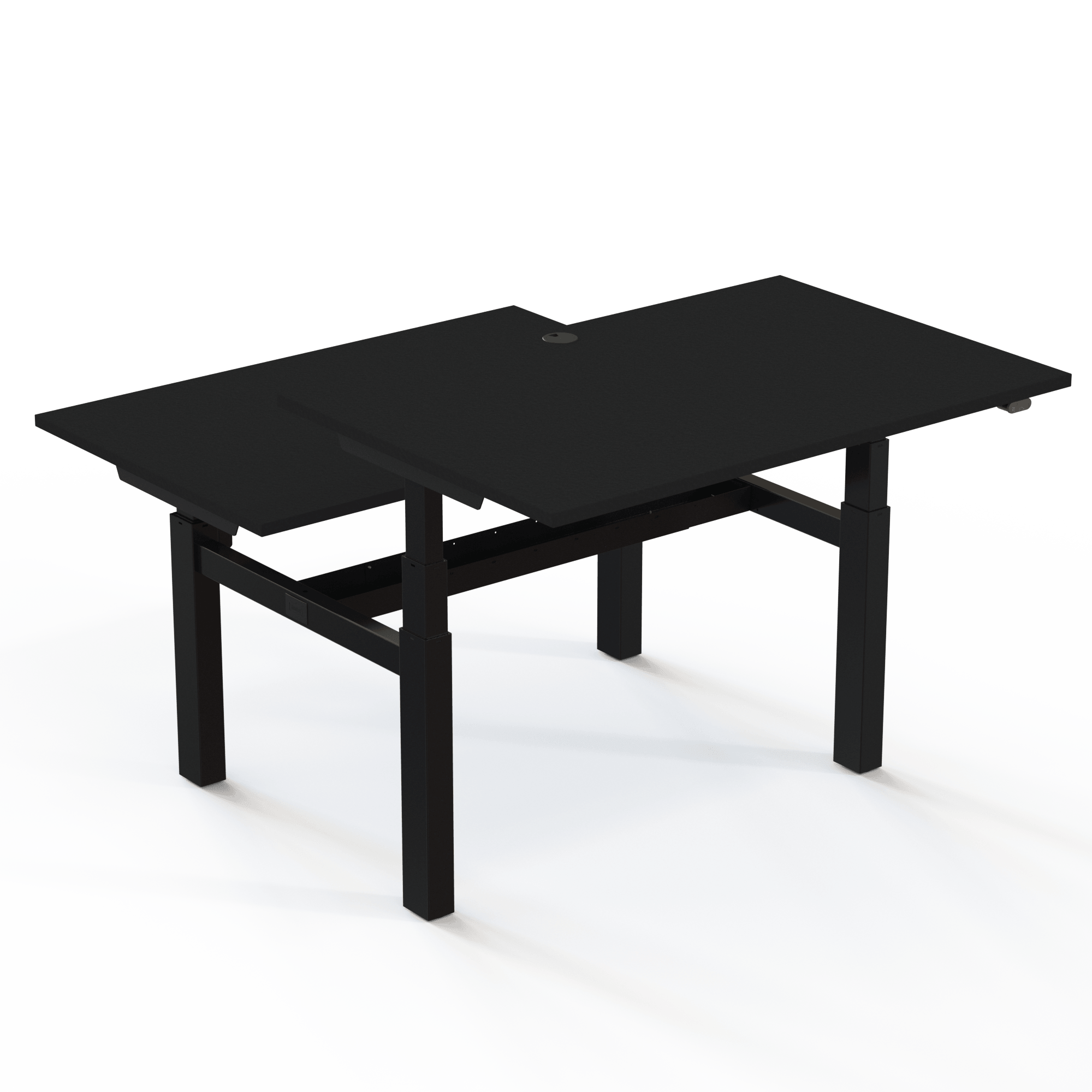 2-Personen-Doppelarbeitsplatz, höhenverstellbar mit Tischplatte in Schwarz und Untergestell in Schwarz. Die Größe ist (2x)120x80. Die Höhe beträgt 65-125cm und der Tisch hebt 100kg(x2).