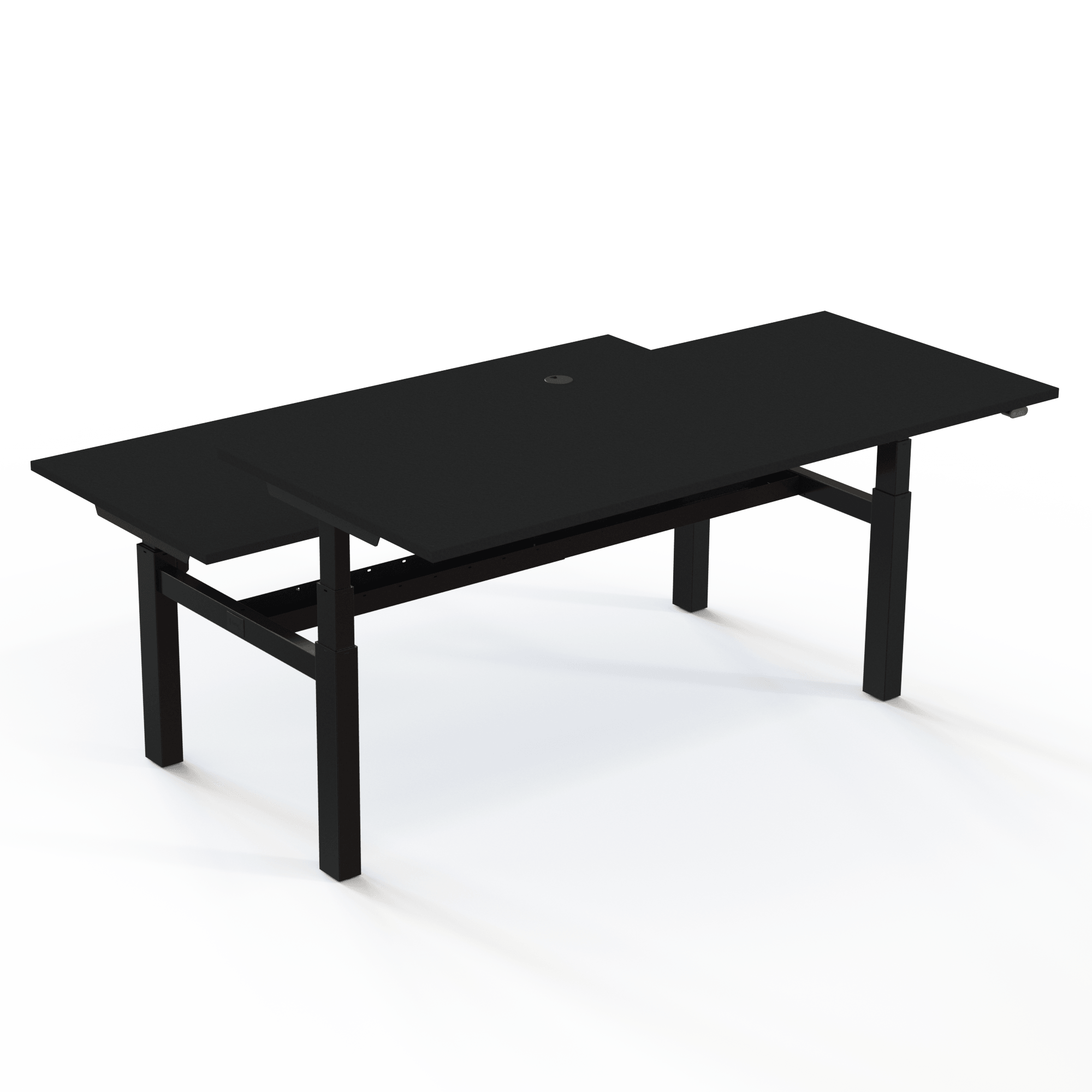 Doppeltisch mit Tischplatte in Schwarz und Untergestell in Schwarz. Die Größe ist (2x)180x80. Die Höhe beträgt 65-125cm und der Tisch hebt 100kg(x2).