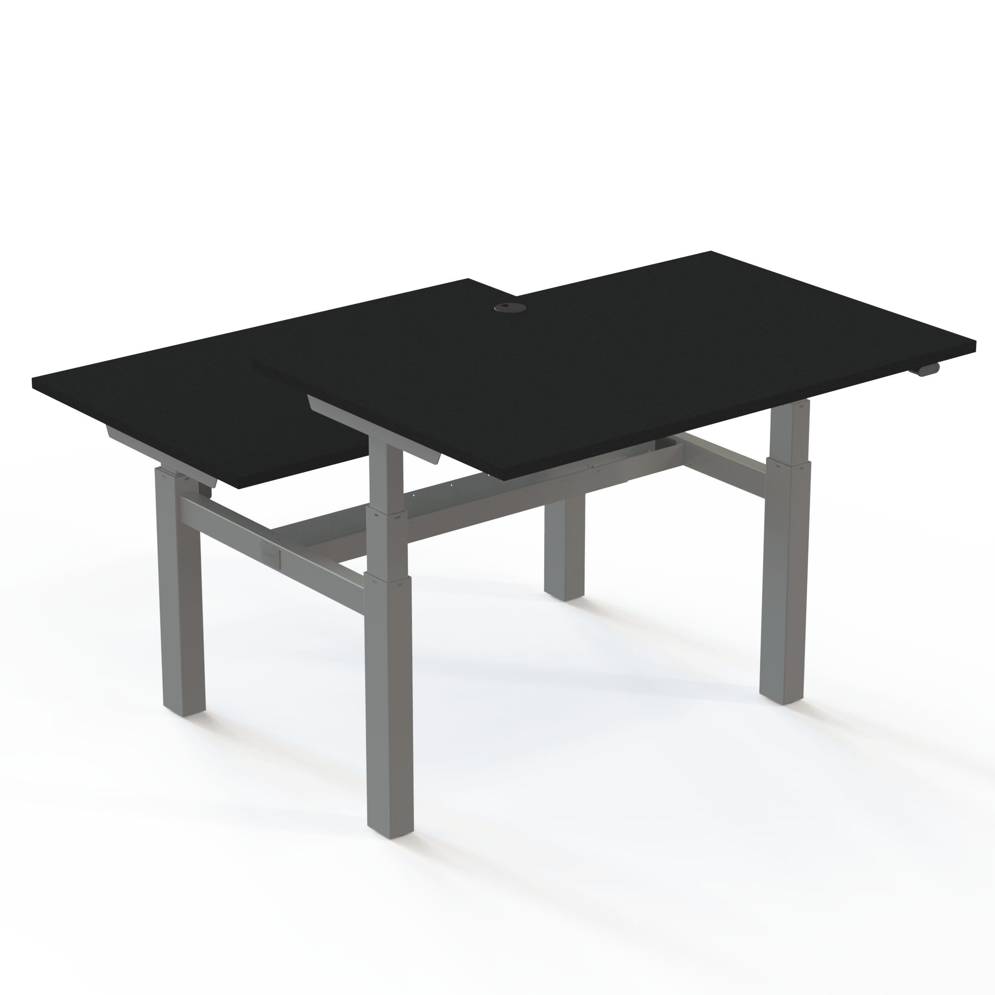 Doppeltisch mit Tischplatte in Schwarz und Untergestell in Silber. Die Größe ist (2x)120x80. Die Höhe beträgt 65-125cm und der Tisch hebt 100kg(x2).