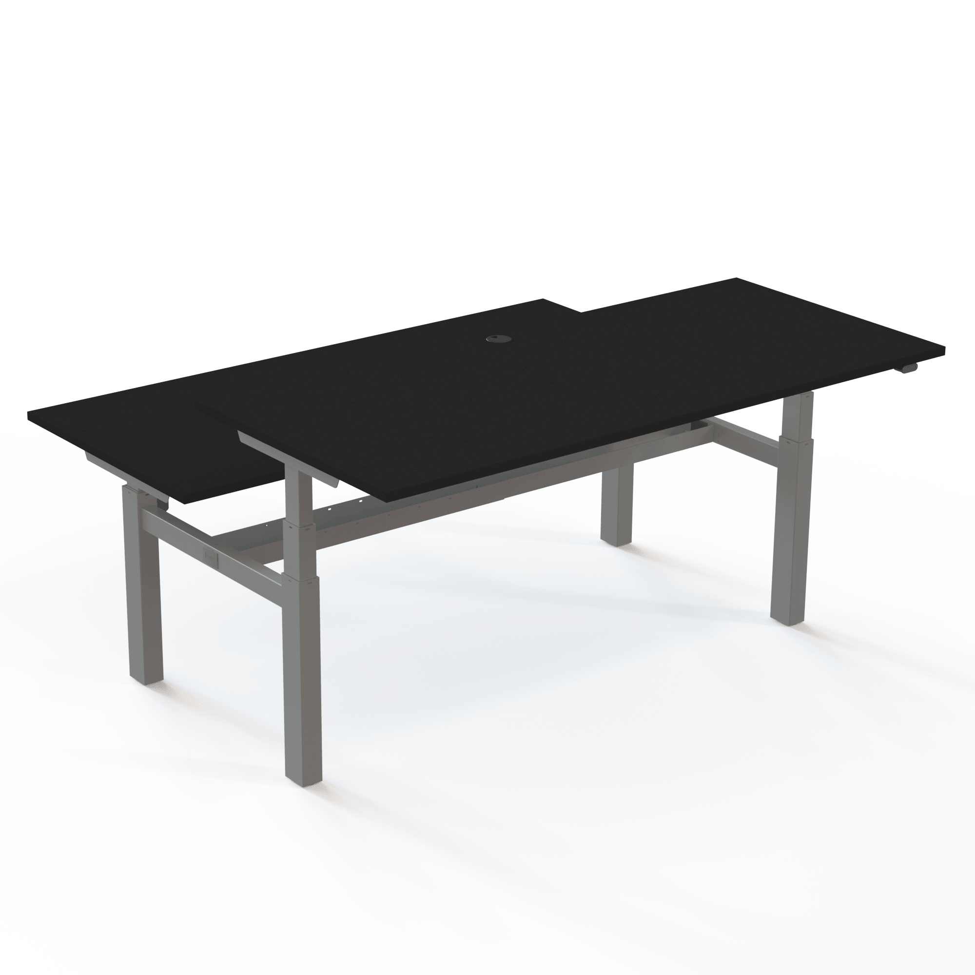 Twin-Schreibtisch mit Tischplatte in Schwarz und Untergestell in Silber. Die Größe ist (2x)180x80. Die Höhe beträgt 65-125cm und der Tisch hebt 100kg(x2).