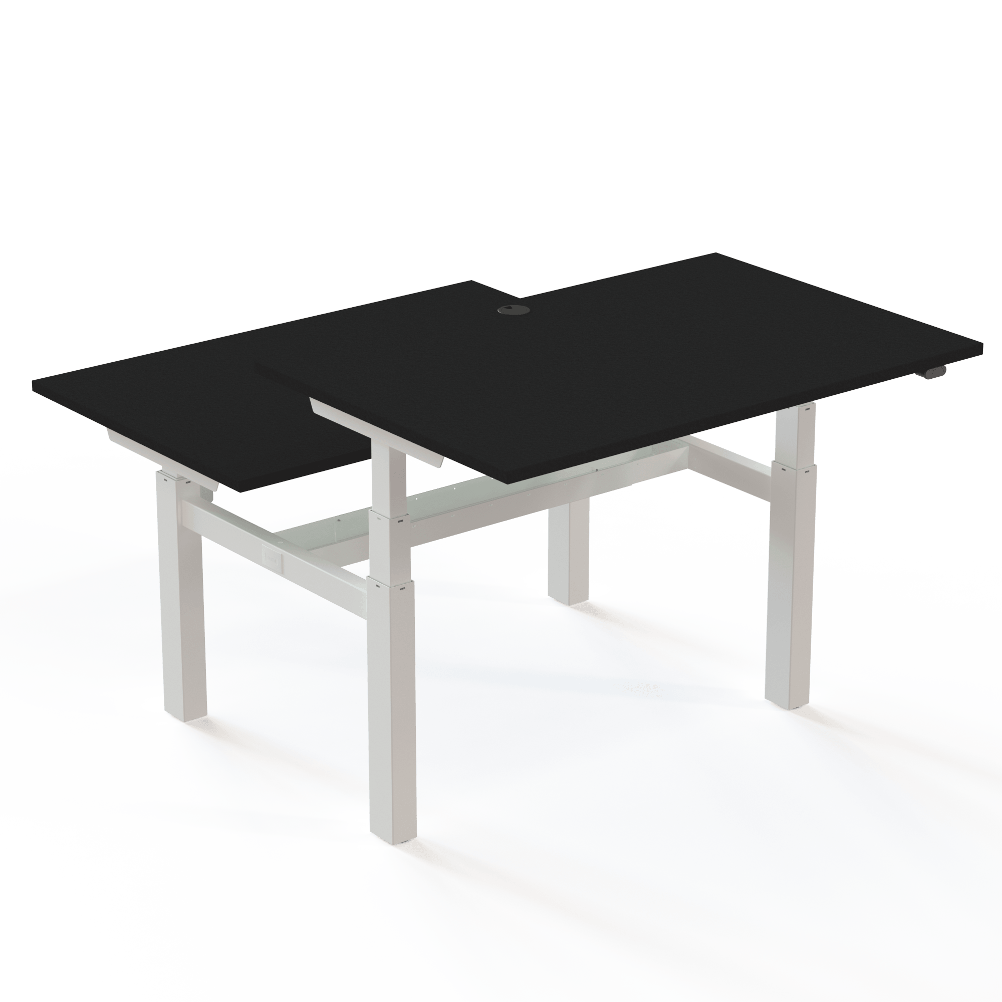 Twin-Schreibtisch mit Tischplatte in Schwarz und Untergestell in Weiß. Die Größe ist (2x)120x80. Die Höhe beträgt 65-125cm und der Tisch hebt 100kg(x2).