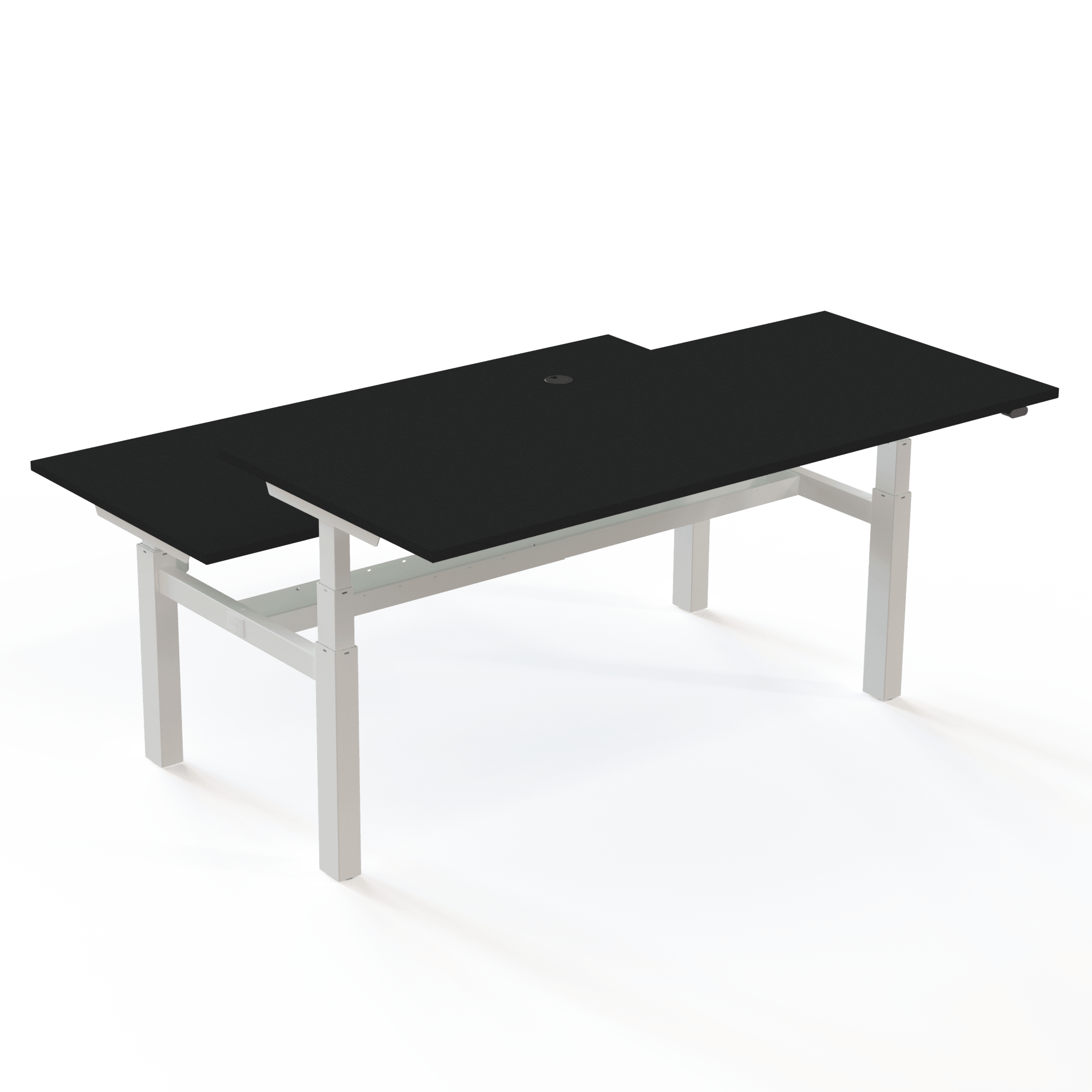Doppeltisch mit Tischplatte in Schwarz und Untergestell in Weiß. Die Größe ist (2x)180x80. Die Höhe beträgt 65-125cm und der Tisch hebt 100kg(x2).