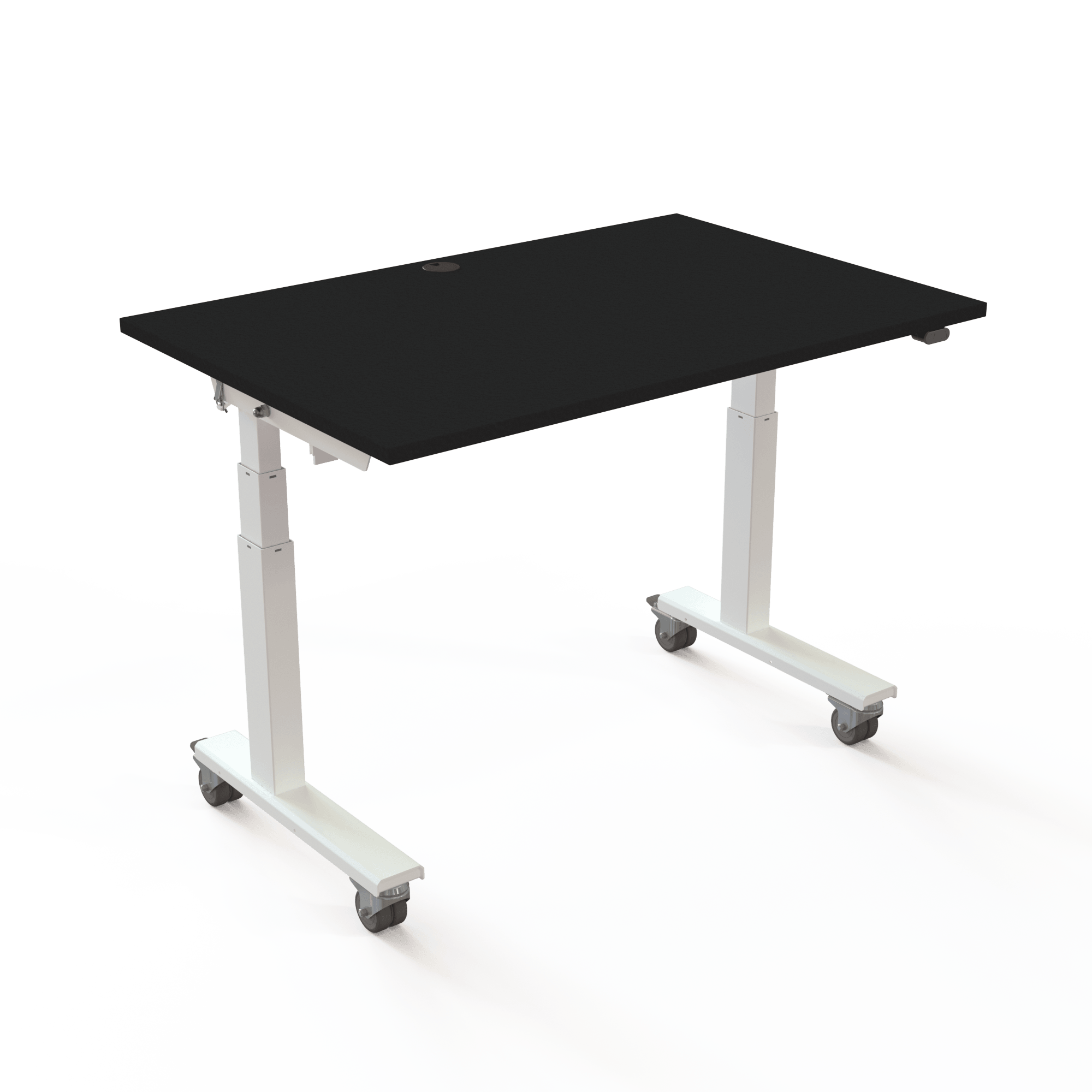 Höhenverstellbarer Schreibtisch mit Flip-Top- und Nesting-Funktion auf Rollen mit den Maßen 120x80 cm. Tischplatte in Schwarz und weißes Gestell. Hebt 100kg.