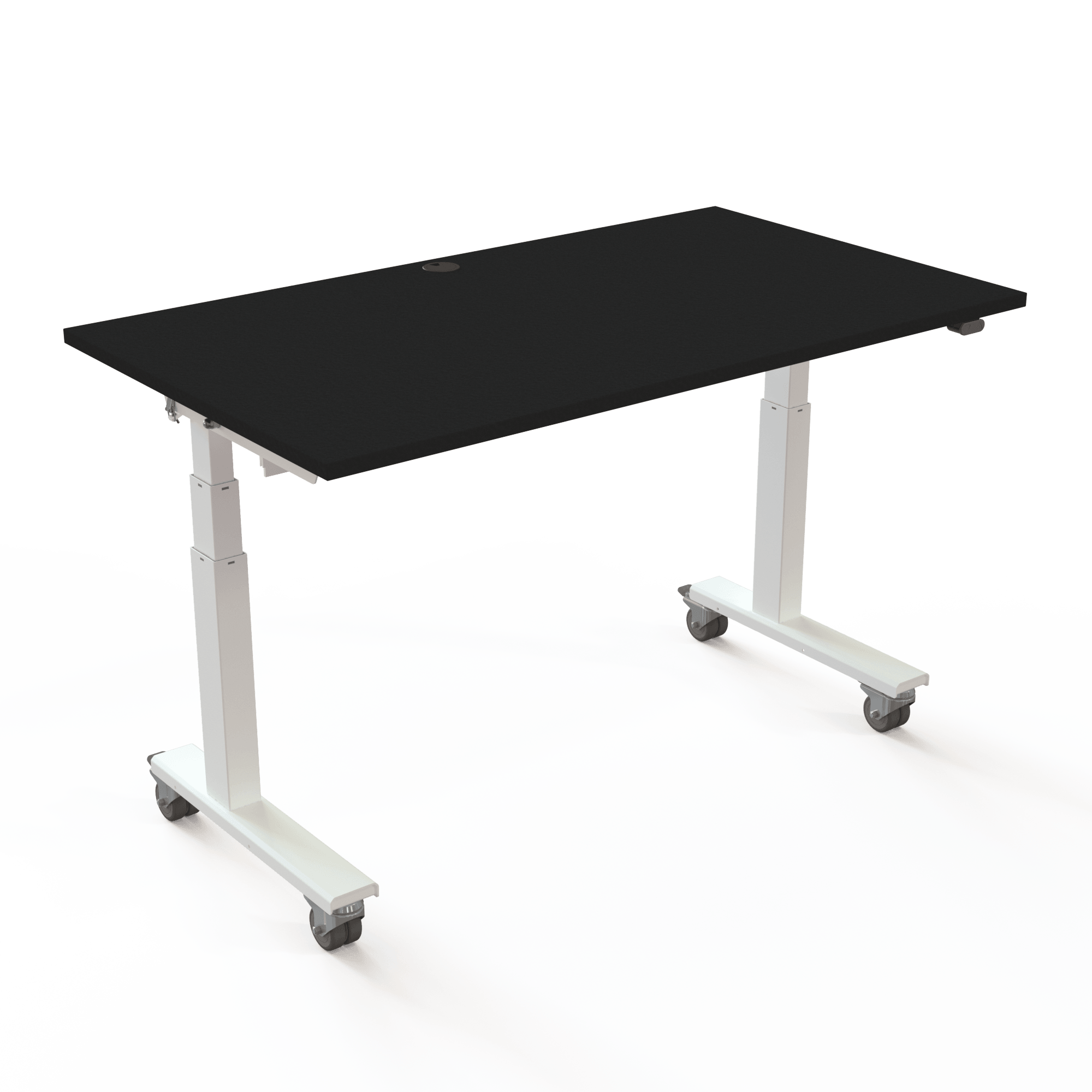 Der ergonomische Tisch mit den Maßen 140x80 cm. Tischplatte in Schwarz und weißes Gestell. Hebt 100kg. Die Platte lässt sich wegklappen und die Tische können ineinandergeschoben werden.