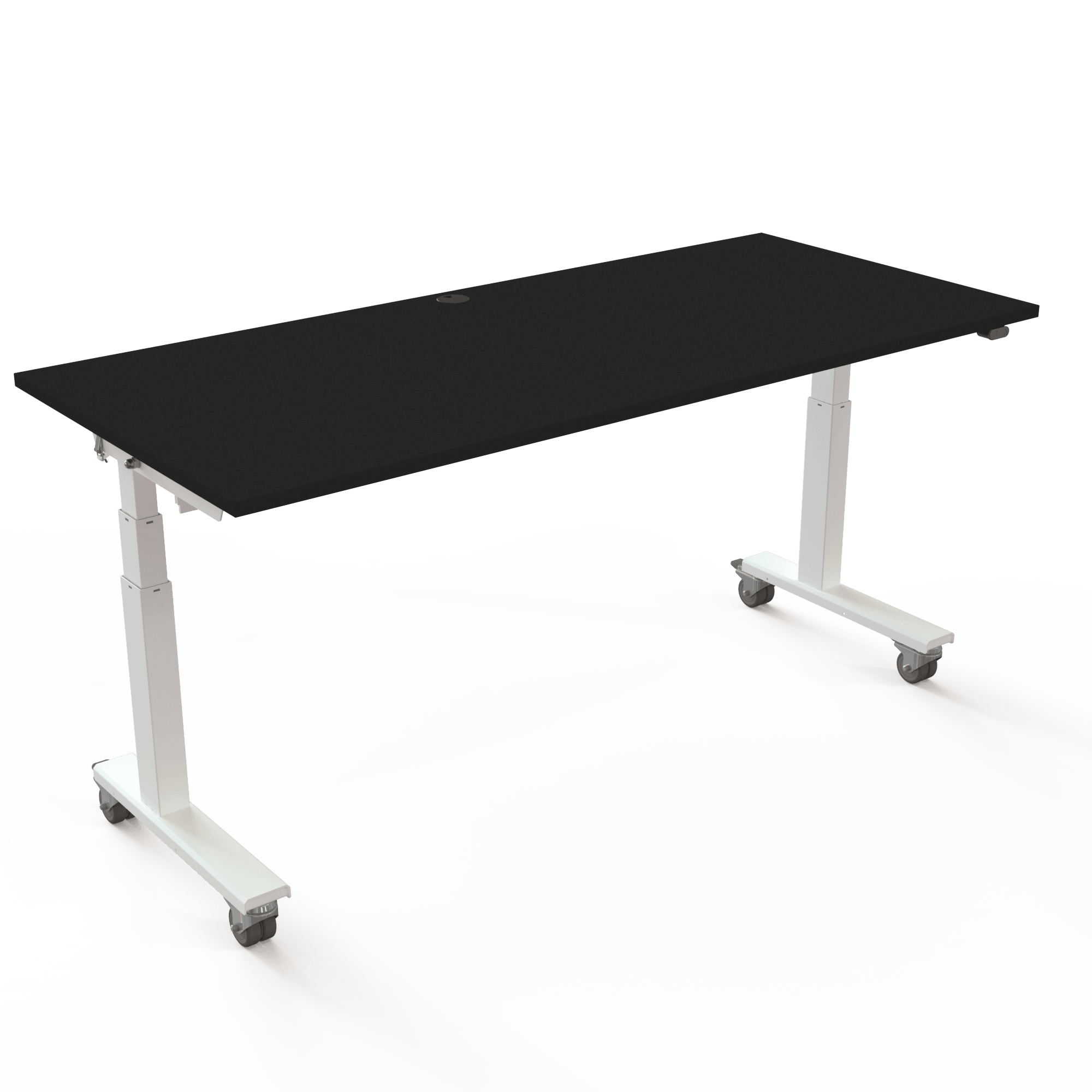 Sind die Schreibtische im Weg? Unsere haben Rollen und lassen sich zusammenschieben, 180x80 cm. Tischplatte in Schwarz und weißes Gestell. Hebt 100kg.