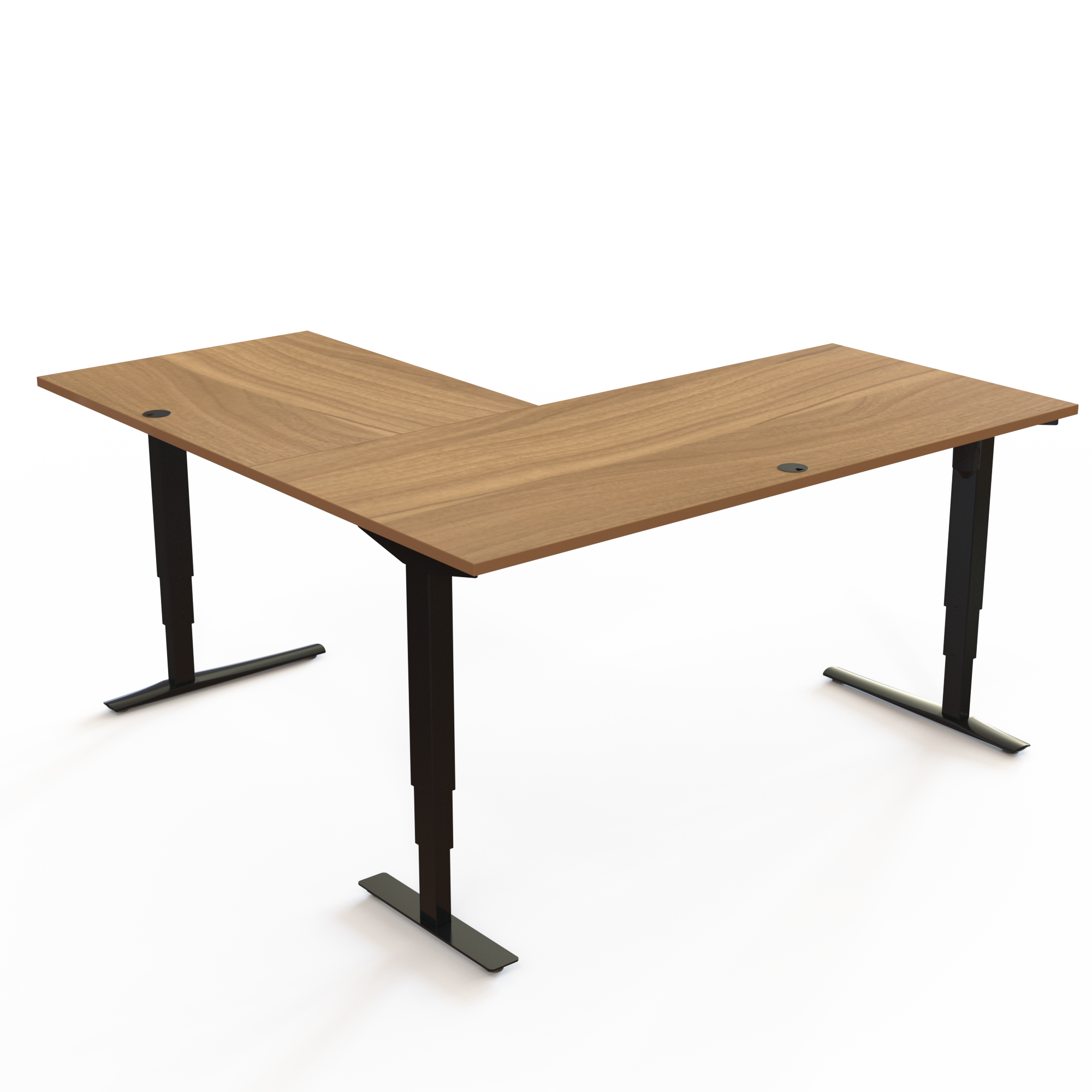 Schreibtisch steh/sitz | 180x180 cm | Nussbaum mit schwarzem Gestell