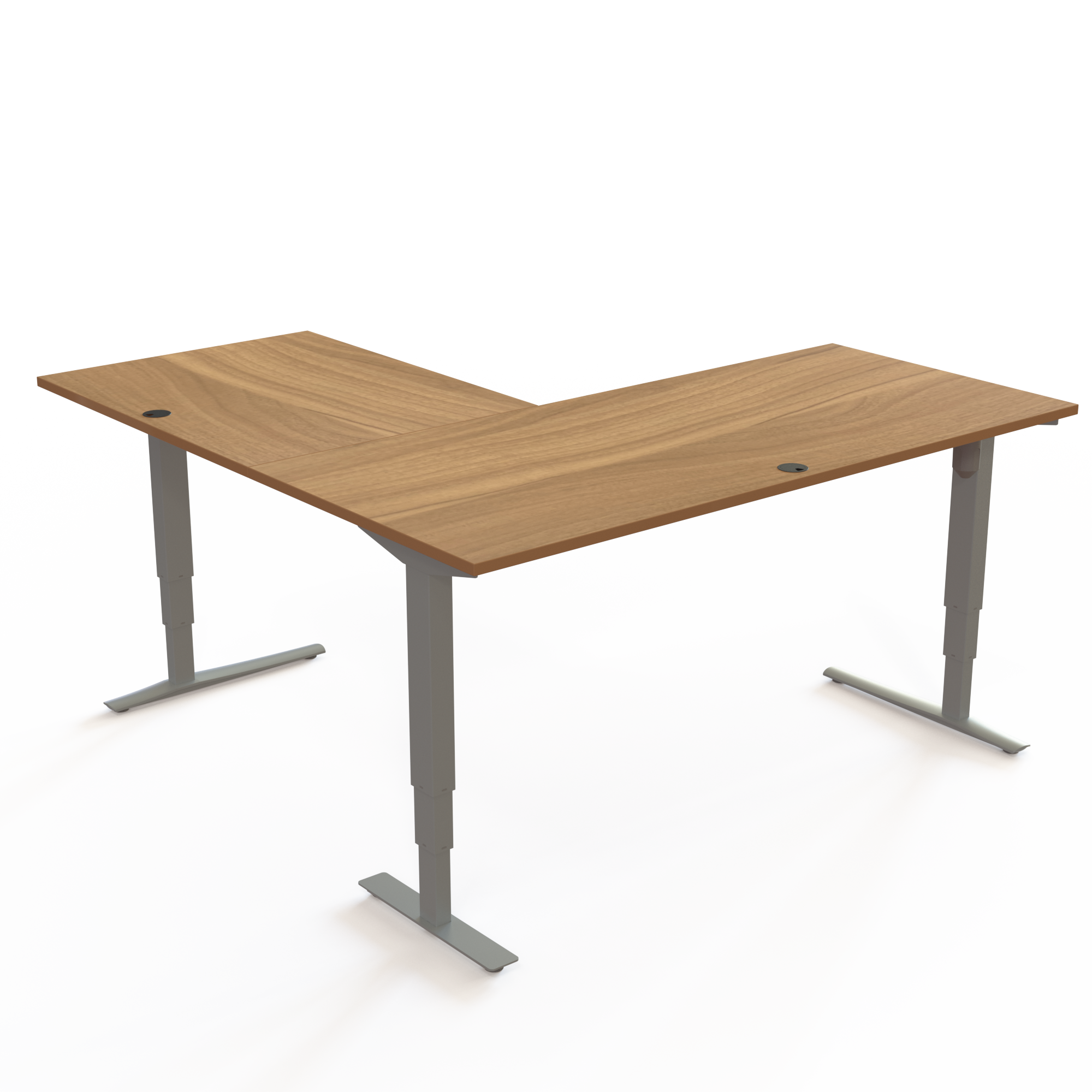 Schreibtisch steh/sitz | 180x180 cm | Nussbaum mit silbernem Gestell