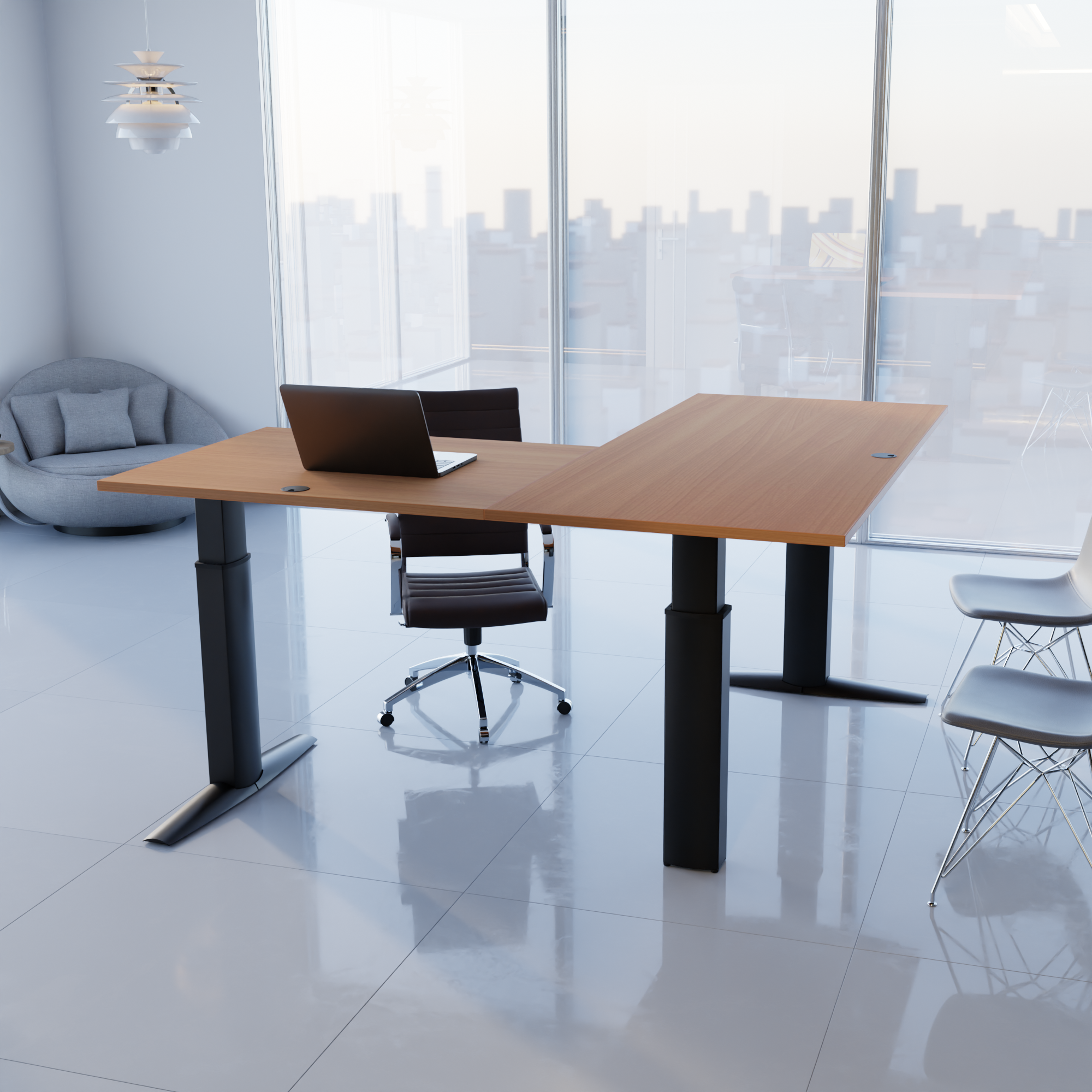 Schreibtisch steh/sitz | 180x180 cm | Buche mit schwarzem Gestell
